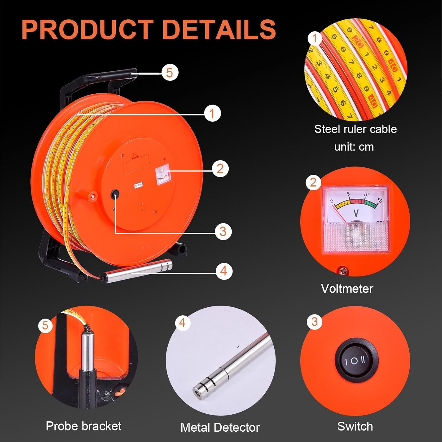 98ft/30m Well Water Depth Gauge, Water Levels Meter with Stainless Steel Probe, Well Waters Level Indicator Waters Levels Measurement with Stainless Steel Probe