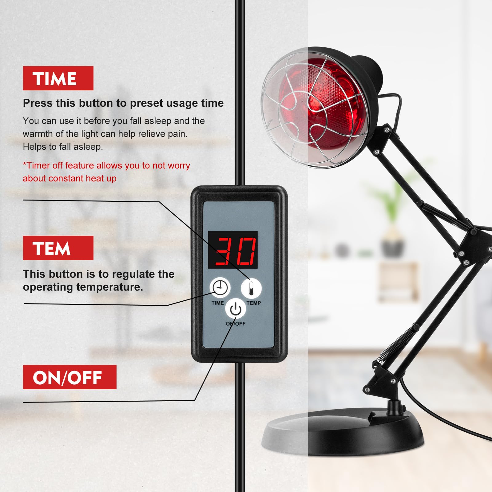 Cozion 150 Watt In-frarot Wärmelampe, temperaturregelbar mit Zeitschaltfunktion, höhenverstellbarer Wärmestrahler für den Heimgebrauch