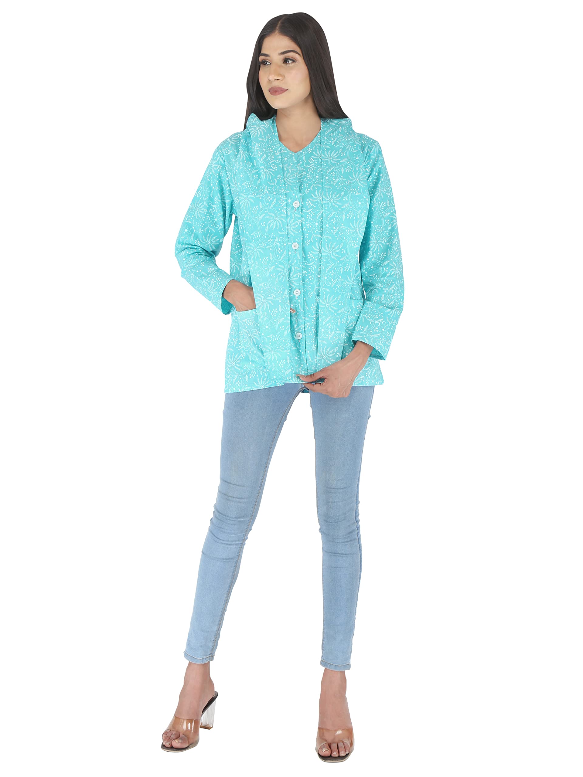 CHARVI Women's Cotton Floral Printed Summer Coat with Cap | Helps to Protect From Sunrays, Dust Pollution, Sunburn, Tanning of Skin | Ideal for Driving, Hot Summers, Traveling- (BHC25_46_Turquoise) - Image 3 thumbnail