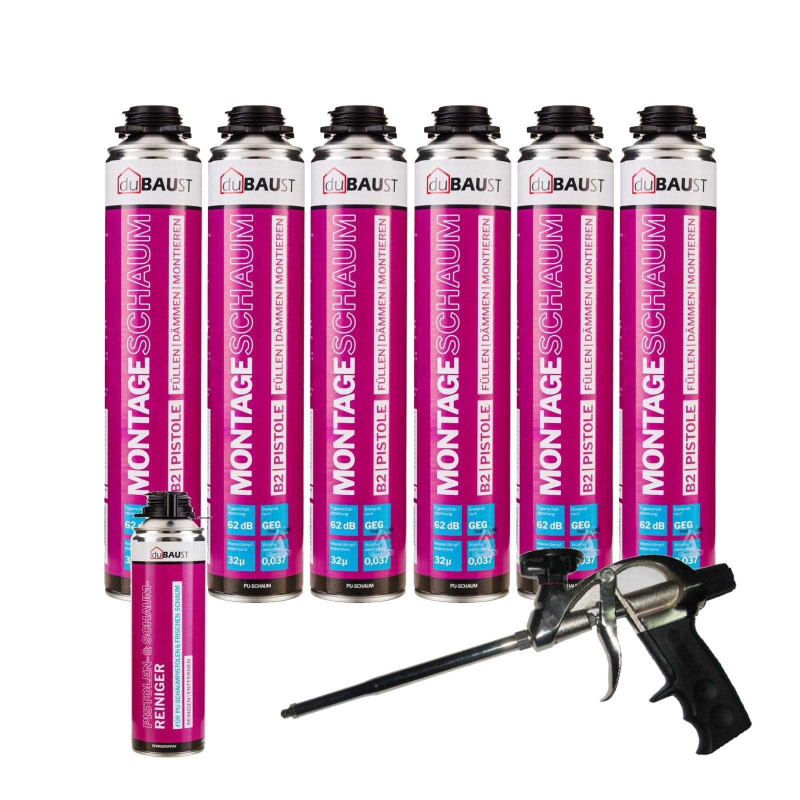 MSP24 Bauschaum Montageschaum Pistolenschaum 750ml Kombisets PU Dämmschaum hohe Schalldämmung Wärmedämmung Isolierend B2 (mit Reiniger PRS24 500ml + Schaumpistole Profi Teflon, 6x 750ml)
