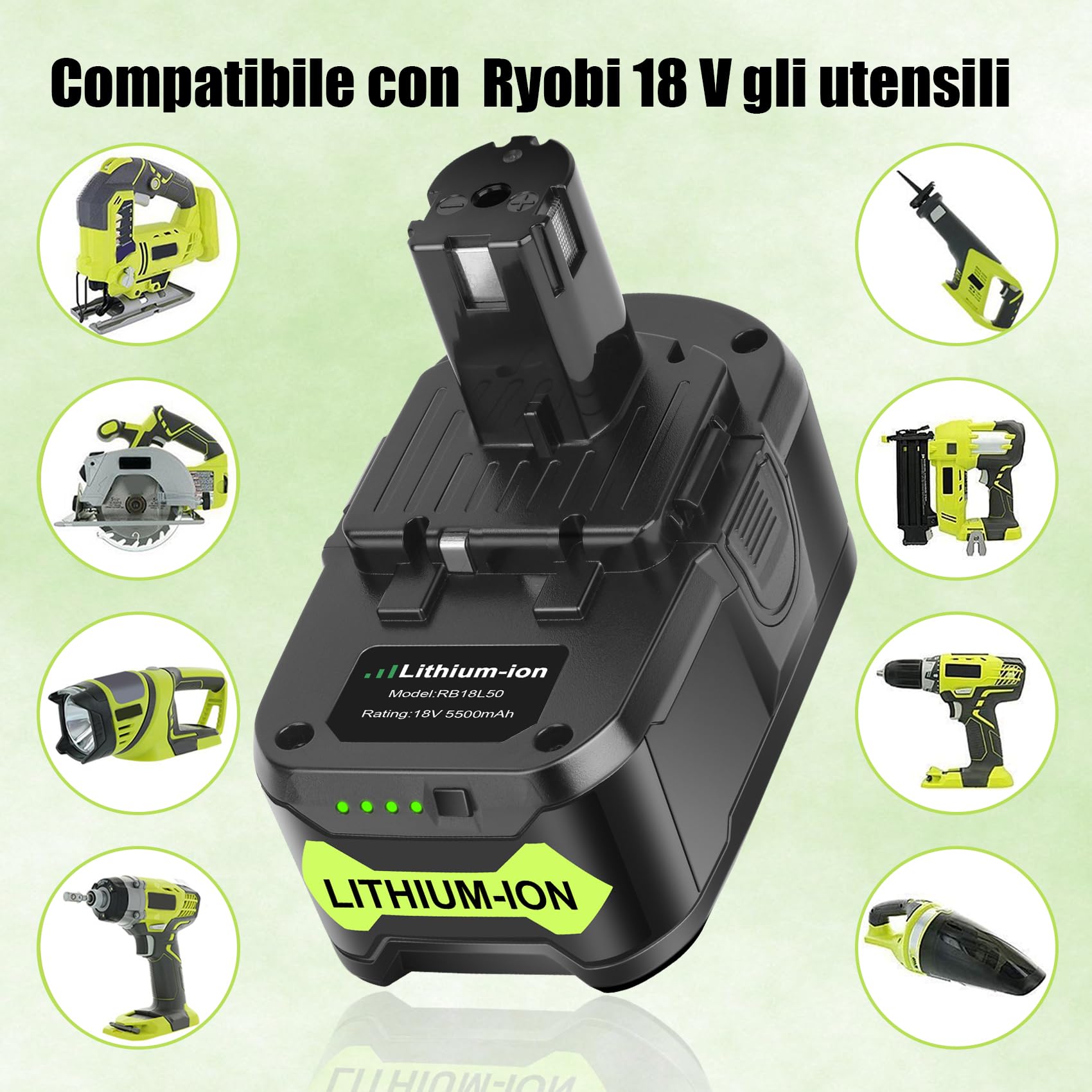 2X 18V 5.5Ah P108 Batteria di Ricambio per Ryobi Batteria 18V + Caricabatterie 3A 12V-18V P117 per Ryobi Caricabatterie per Ryobi P108 P107 P105 P100 P101 RB18L50 Batteria con Indicatore LED