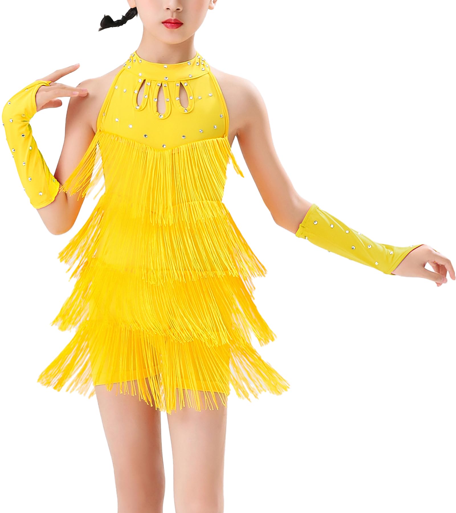 Children's Latin Dance Clothing Sequin Leotard Girls Stage Performance Costumes Layered Fringe Hem Bodysuit Dress Jazz Dancewear Yellow 9-10 Years