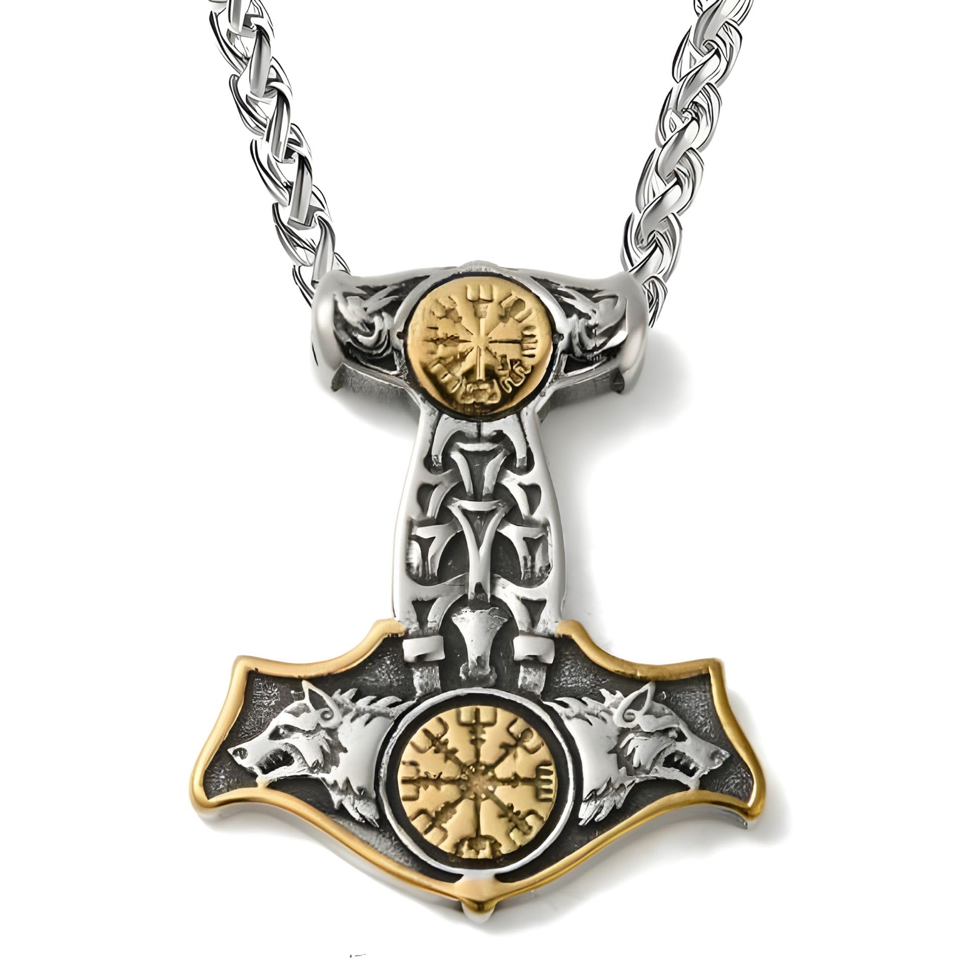 Stainless Steel Antique Silver/Gold Finish 'Thunderwolf Sigil' Thor’s Hammer-Style Hip-Hop Pendant Necklace With Wheat Chain For Men And Boys | Rugged Macho Style Bold Biker Statement Jewellery For Daily, Club, Party Use & Gifting (NK1508) 1Pc-image-42