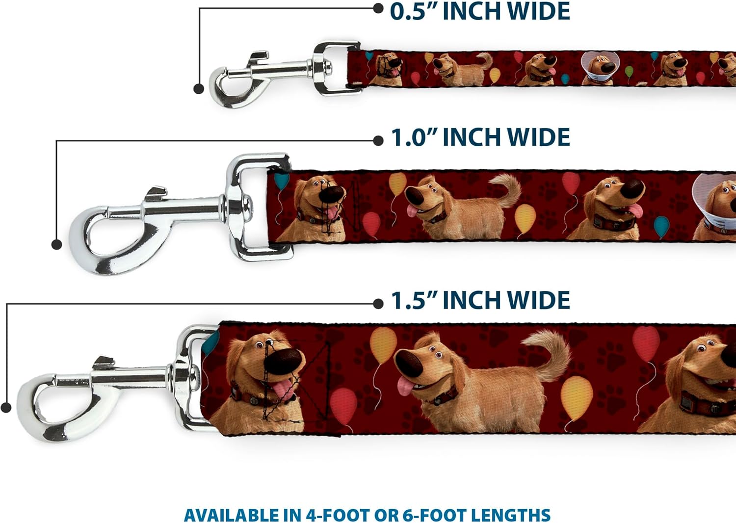 Buckle-Down Pet Leash - Dug 4-Poses/Balloons/Paw Print Reds - 6 Feet Long - 1" Wide