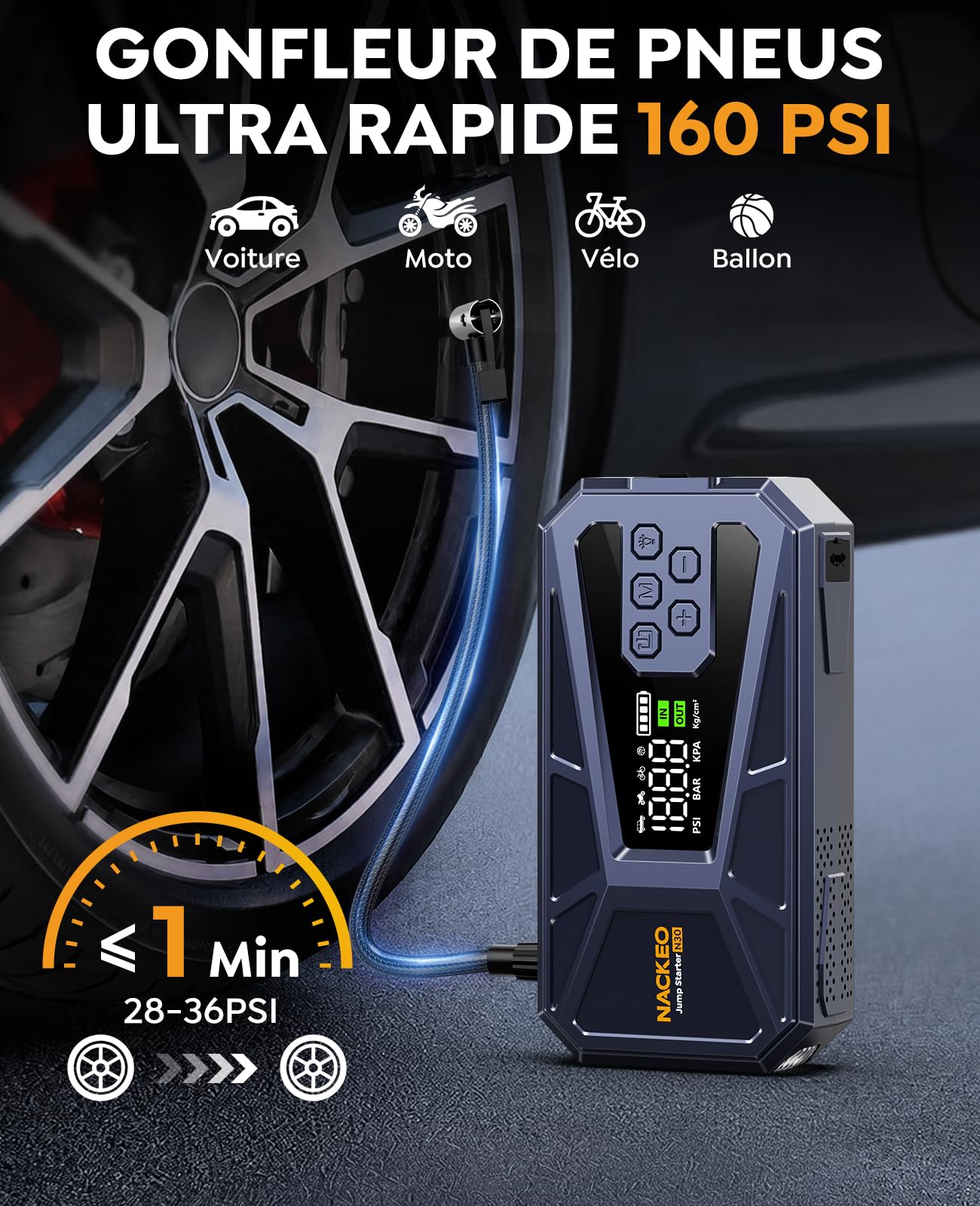 Booster Batterie Voiture 8000A avec Compresseur 160PSI, 12V Booster Voiture Portable (Essence & Diesel 12L), Démarreur Batterie Voiture avec Écran LCD,Eclairage de Secours,Banque d'alimentation