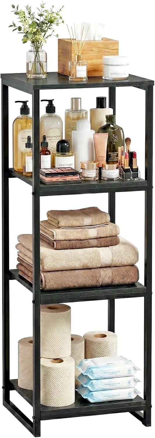 4-Tier Bathroom Shelving Unit, 33.7" H Narrow Open Floor Shelves, Metal Corner Slim Storage Rack for Bathroom Laundry Room Kitchen Living Room, Black