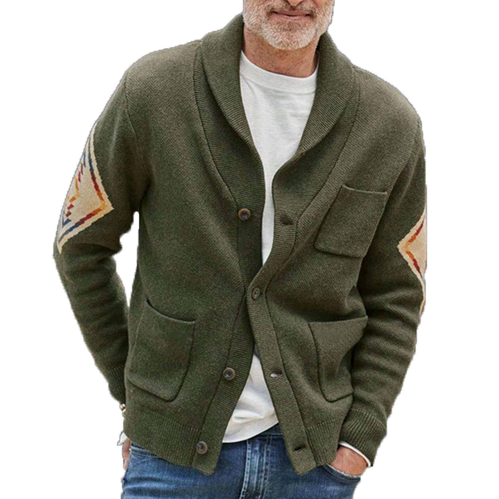 ENENEN Giacca a Maglia Jacquard a Maniche Lunghe Spesse Cardigan da Uomo con Revers Button Knit Jacket