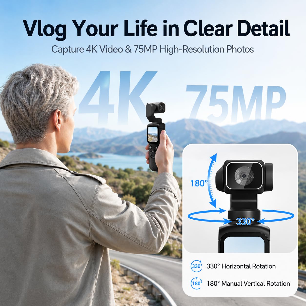 Cámara de vlogging 4K para YouTube, cámara digital de bolsillo de 75 MP con enfoque automático PDAF, lente giratoria de 330°, seguimiento facial IA, pantalla táctil de 1.75 pulgadas, trípode, tarjeta