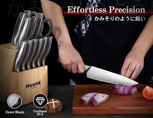 Miniatura 2 de Huusk Juego de cuchillos con bloque y afilador, 14 piezas de cuchillos de cocina japoneses de acero inoxidable apto para lavavajillas, juego de