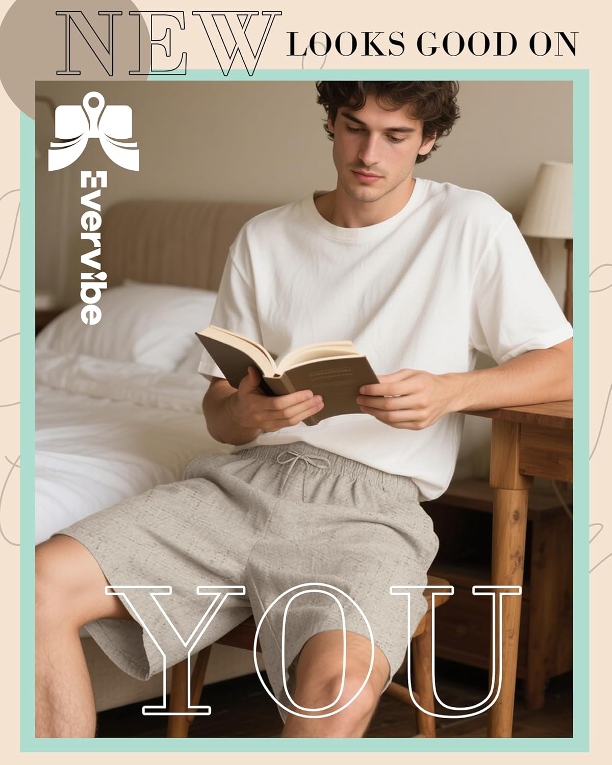 Evervibe 3 Pack Men's Cotton Linen 9" Inseam Shorts Drawstring Elastic Waist Beach Casual Summer Bermuda with Pockets