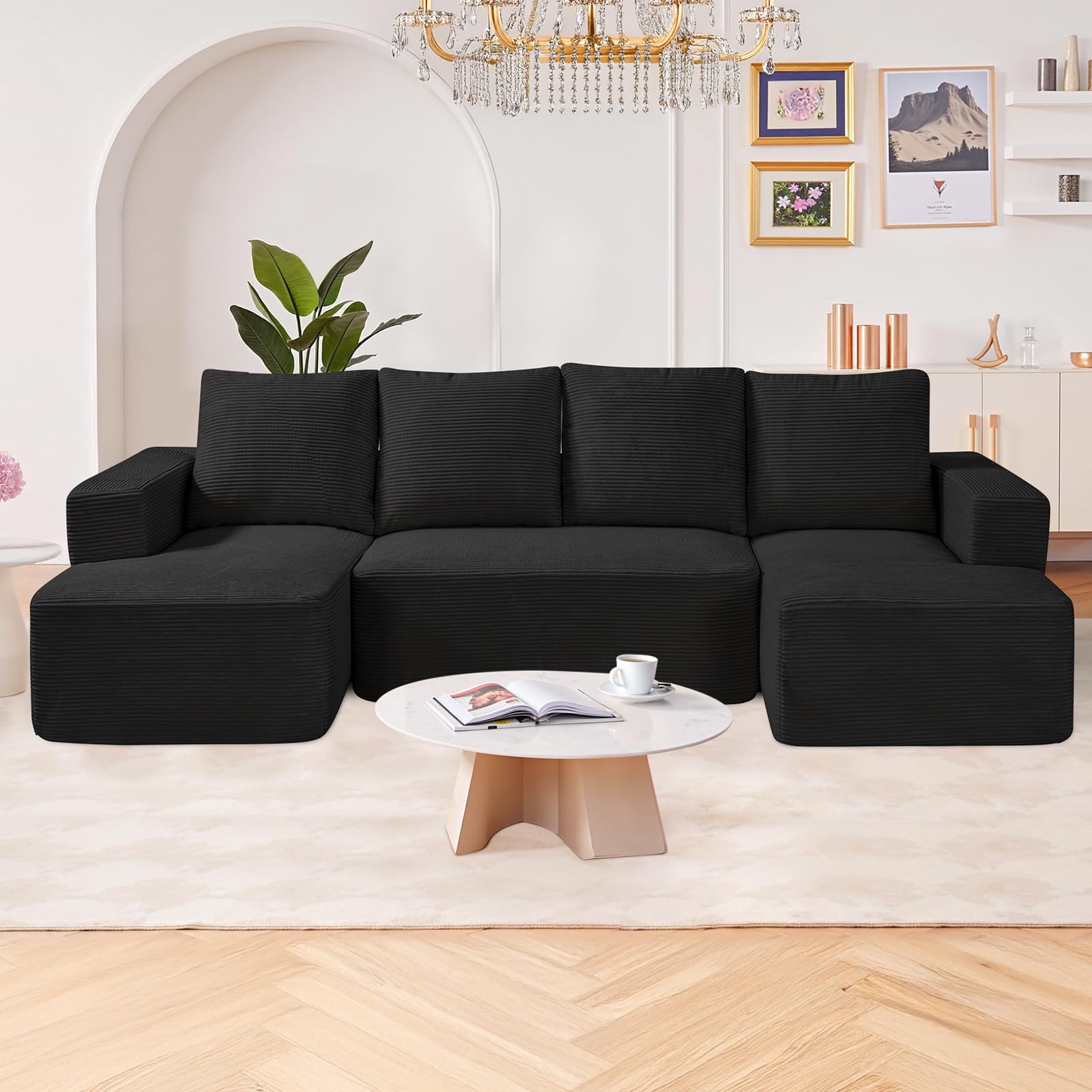 VEVOR Canapé sectionnel modulaire  avec méridienne  canapé modulaire en Forme de U  avec éponge à Rebond élevé et densité  en Velours côtelé rembourré  avec Coussin  pour Salon  Appartement  Noir