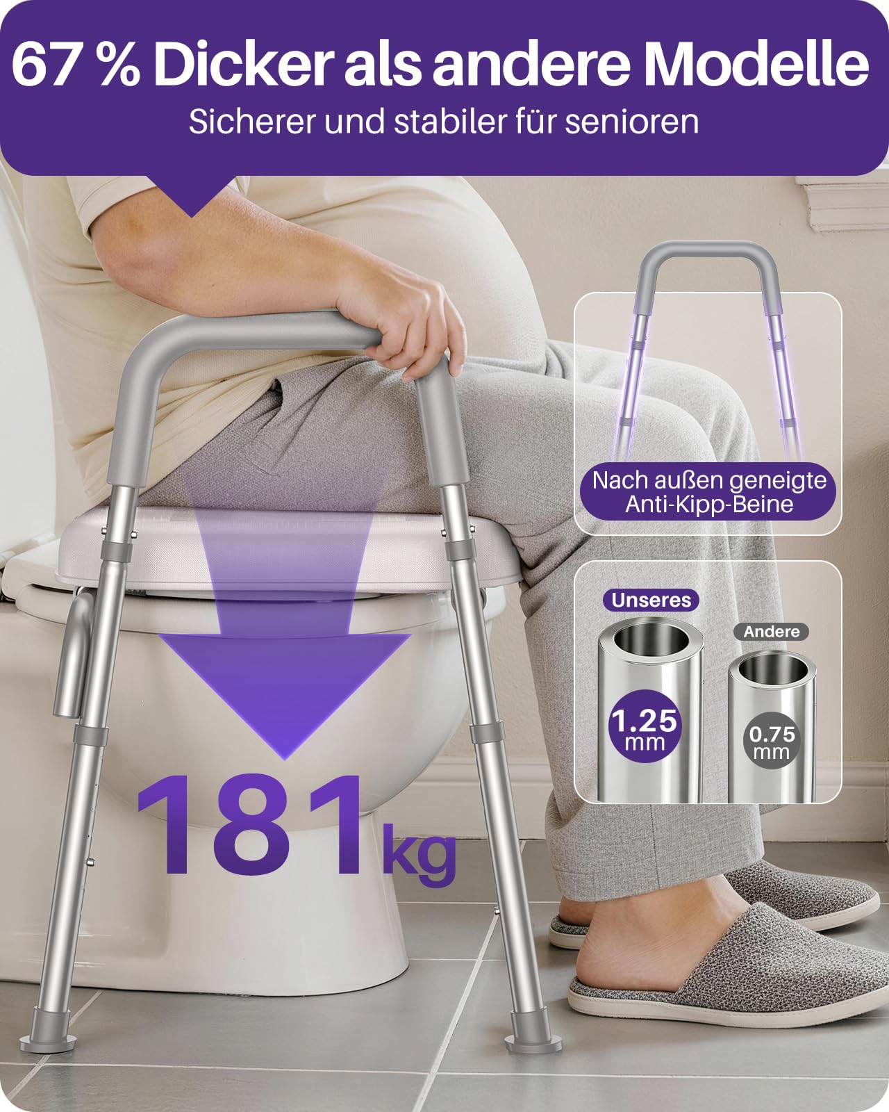 KEKOY Toilettensitzerhöhung mit Armlehnen, Höhe und Breite verstellbar | WC-Sitzerhöhung, Toilettenerhöhung für Senioren & Menschen nach Operationen, passend für die meisten Toiletten, Grau