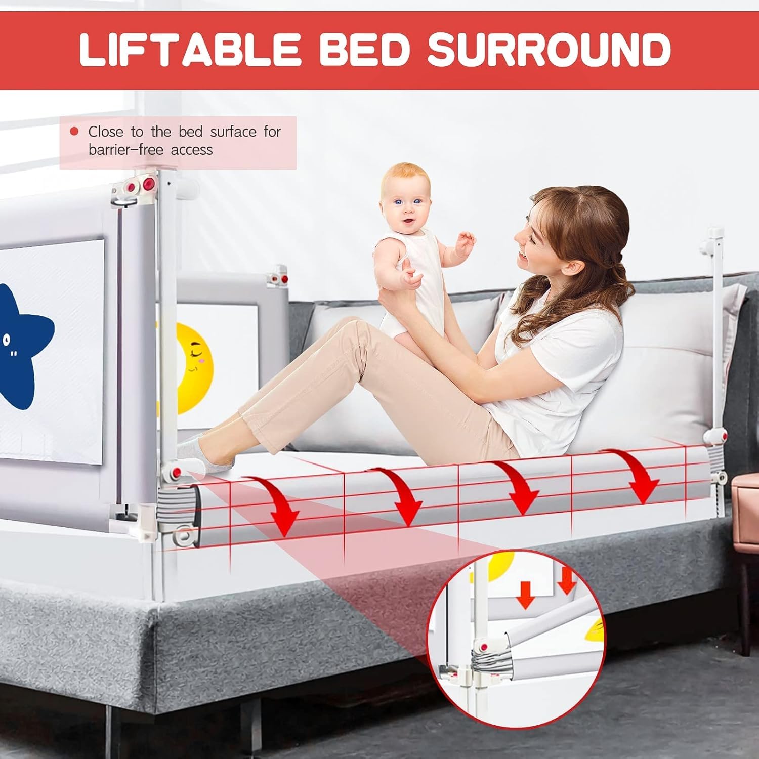 Parapetto Letto Anticaduta per Bambini, Sponda Laterale Regolabile in Altezza, Struttura Stabile e Rinforzata per Neonati e Bambini, Adatto a Letti Singoli e Matrimoniali