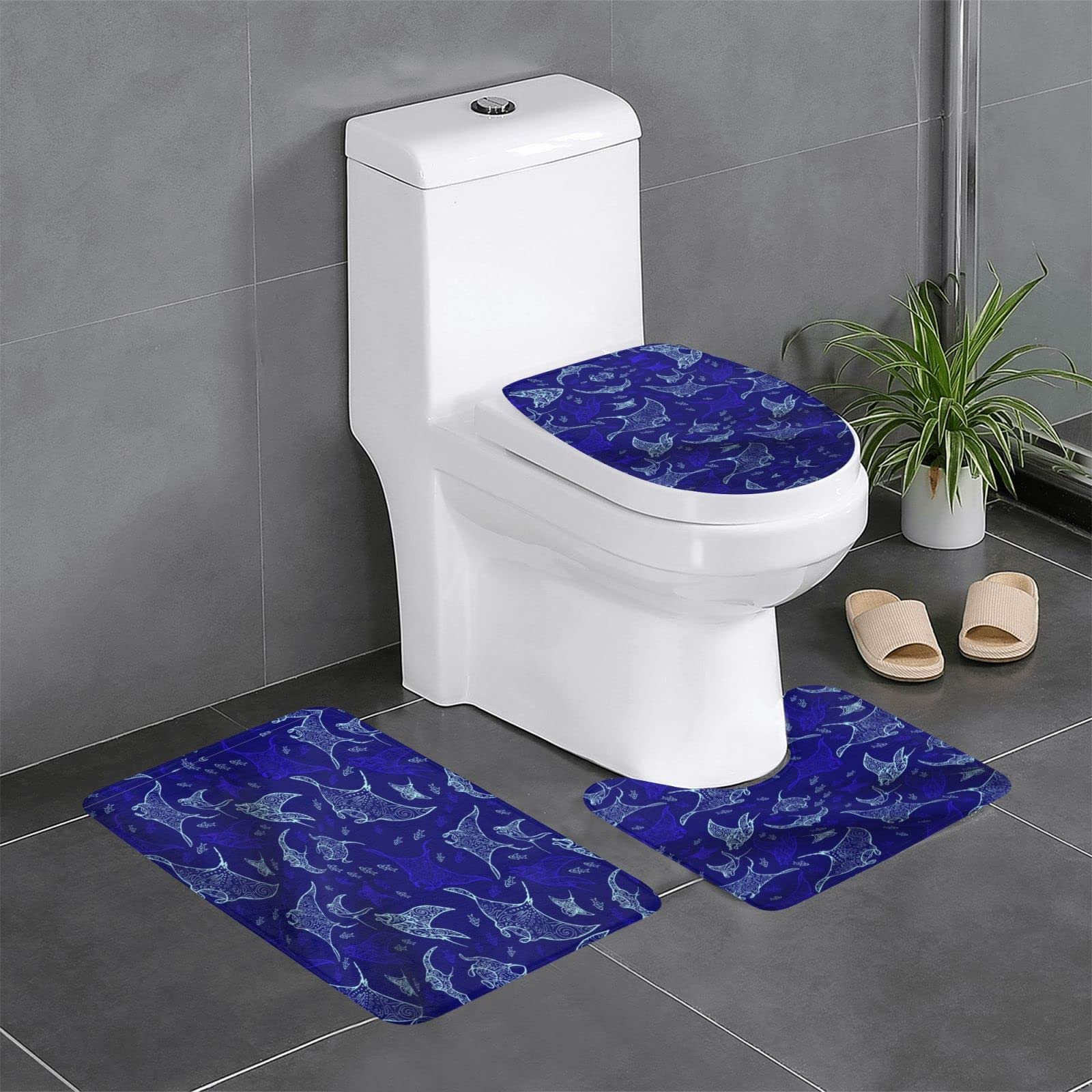 WYYDPPLK Manta Ray And Fish Print Flannel Anti-Slip Mat Set (24x16in) â€“ 3 Piece Set â€“ Vibrant Full Print Design