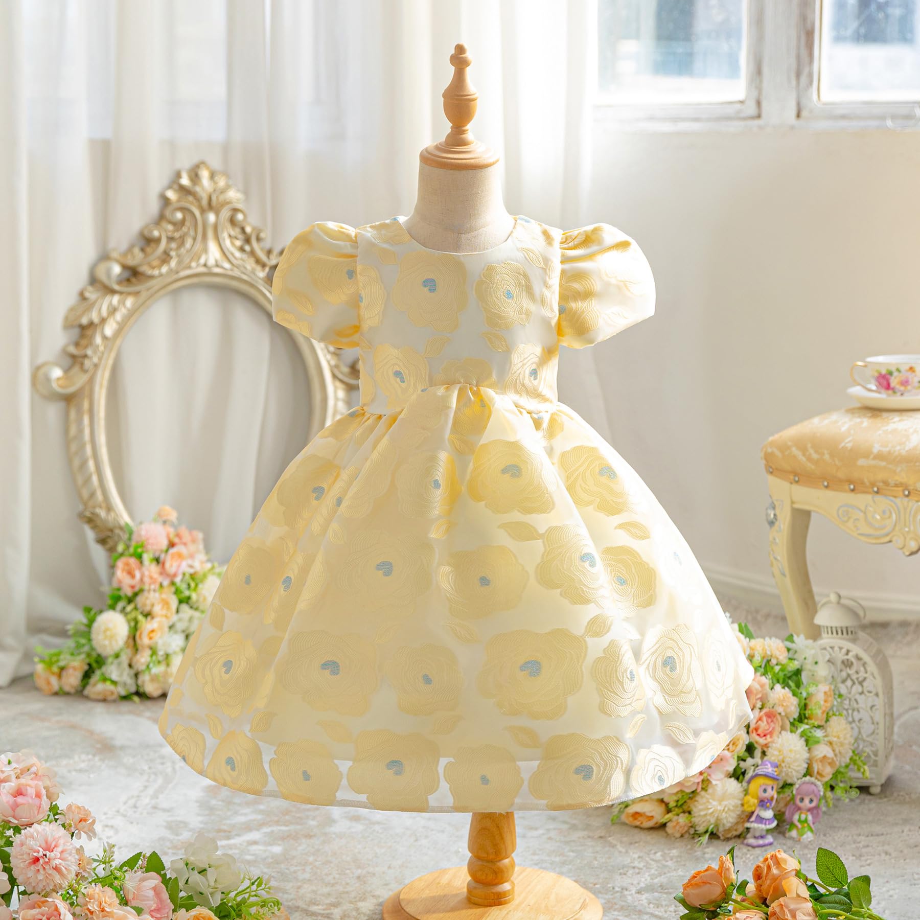 Niñas Vestidos Niños Manga Corta Princesa Vestidos Niños Flor Jacquard Tela Vestidos Elegante Vestido