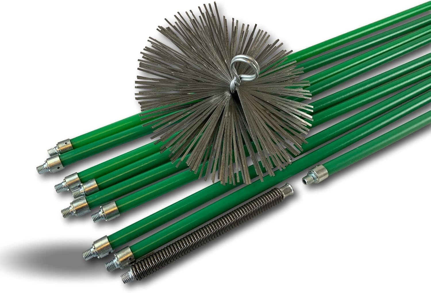 Kit Profesional de Limpieza para conductos no revestidos | Cepillo de Acero | Ø 250 mm | 12 m con 9 Varillas autobloqueantes Ø 18 mm Huecas | Resorte de Inicio | Chimeneas | Kibros 5KIT25ALO | Cañas verdes Ø 18 mm huecas 8×1,4 m+1×1 m, muelle de salida, c