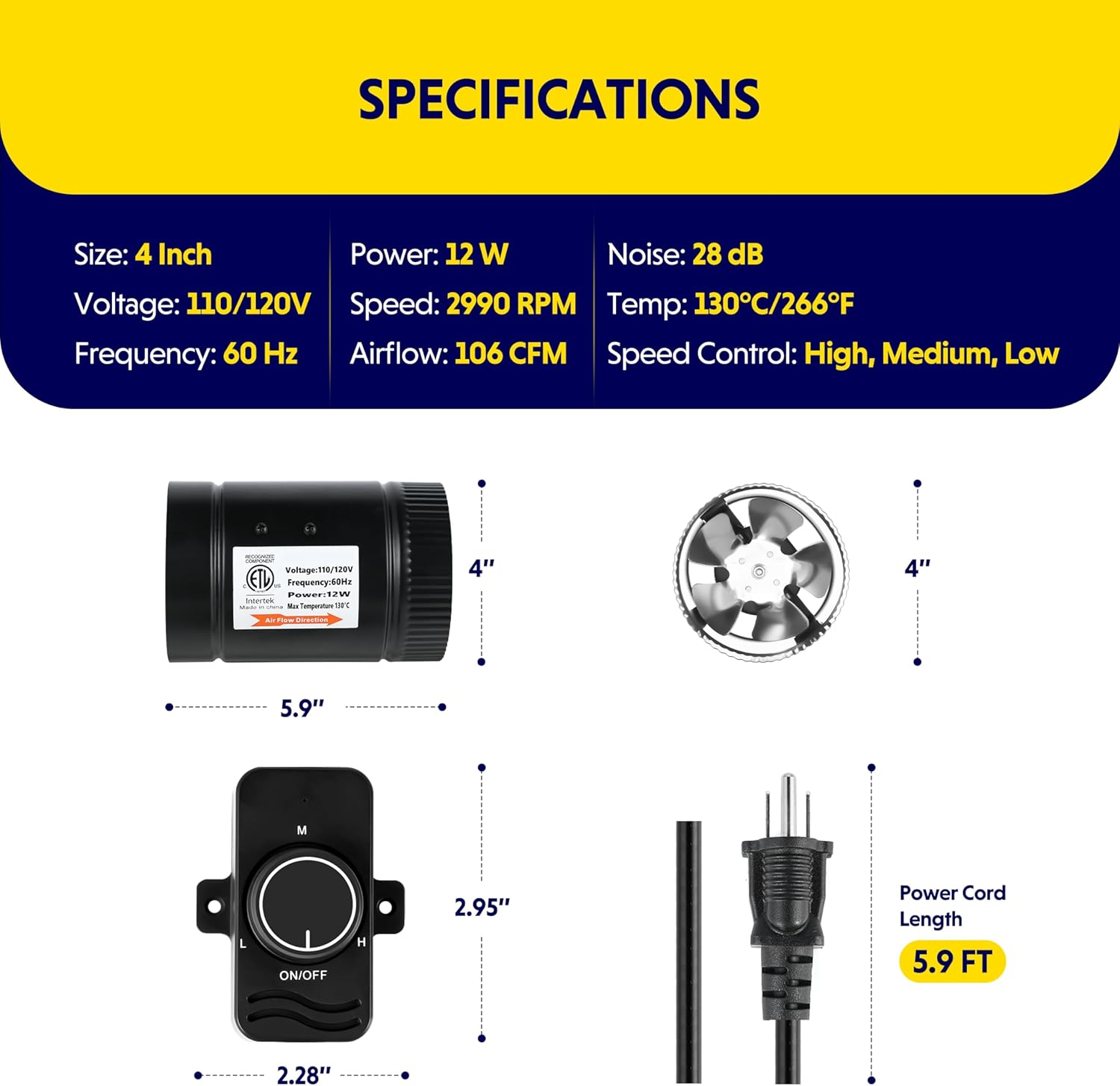 iPower 4 Inch Inline Booster Speed Controller, 106 CFM Exhaust Fan HVAC Ventilation Duct Blower for Bathroom, Kitchen, Basement, Attic and Grow Tent, Black