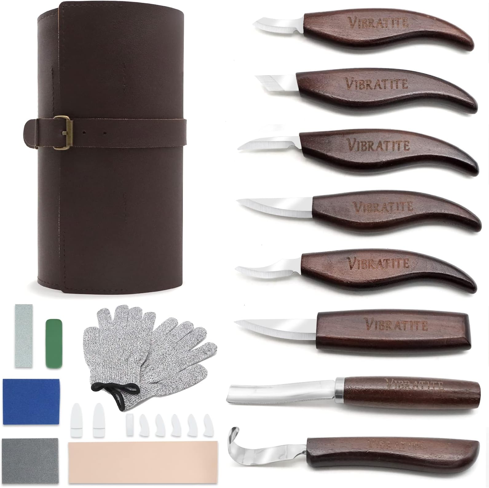 VIBRATITE Deluxe Wood Carving Kit, Wood Carving Tools Set with Leather Storage Roll Bag, Wood Carving Knife, Spoon Carving Knife, Whittling Knife, Wood Whittling Kit for Beginners, Adults, Woodworking