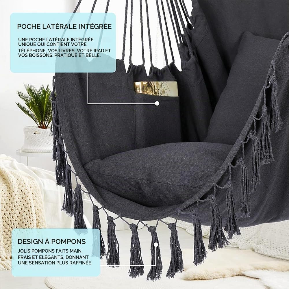 Fauteuil Suspendu avec 2 Coussins Siège et Sac - Chaise Hamac Balançoire Suspendue Charge Max 330 lbs, Fauteuil Jardin pour Intérieur et Extérieur Balcon Hamac Portable Poche Latérale (Gris Foncé)