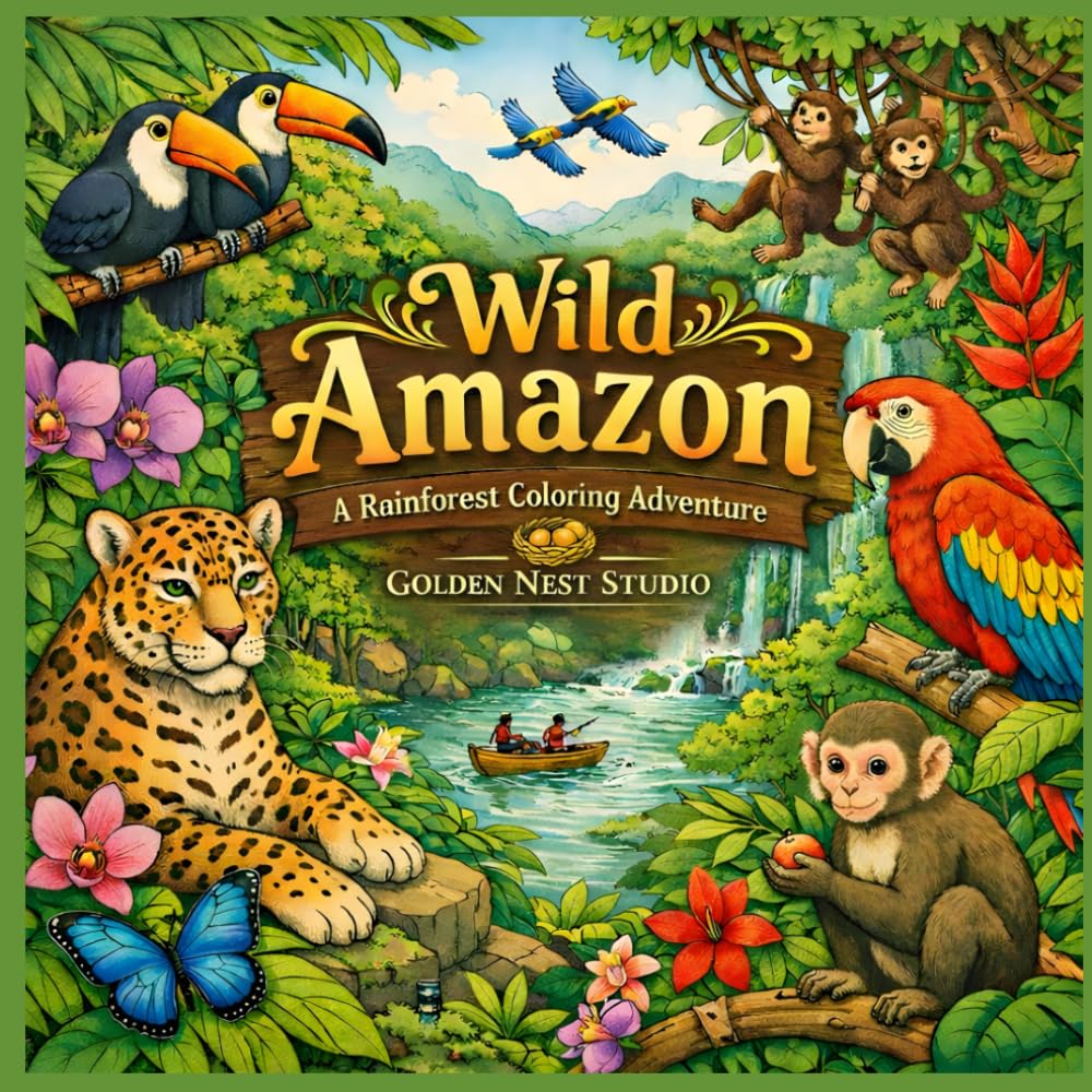 Wild Amazon: A Rainforest Coloring Adventure: Relaxing Jungle Animals, Tropical Plants, and Amazon Wildlife Coloring Book for Adults & Teens
