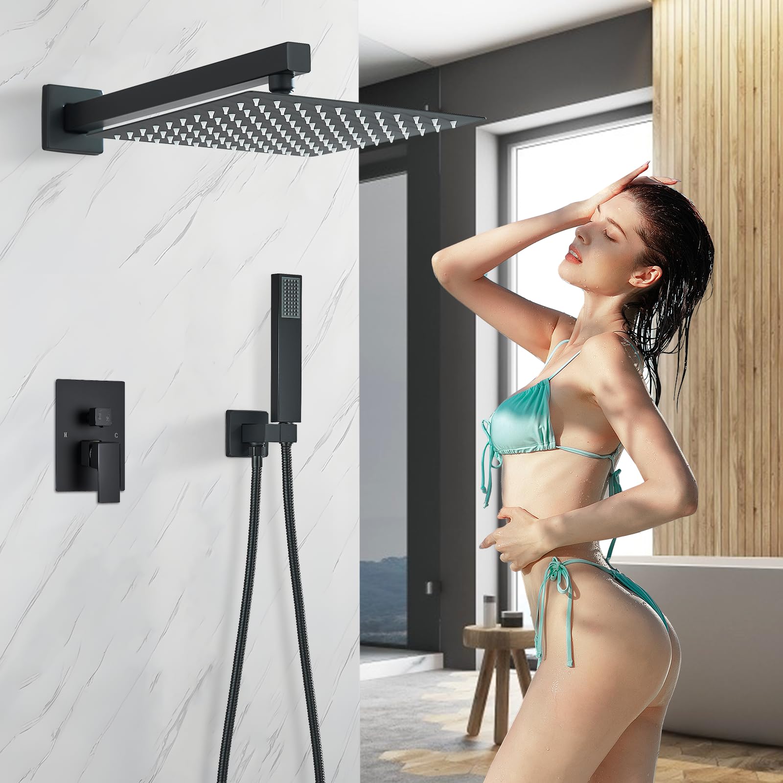 Set De Ducha Sistema Empotrado Negro,Columna para Baño,Alcachofa 30cmx30 cm, de Mano,Cuerpo de Latón