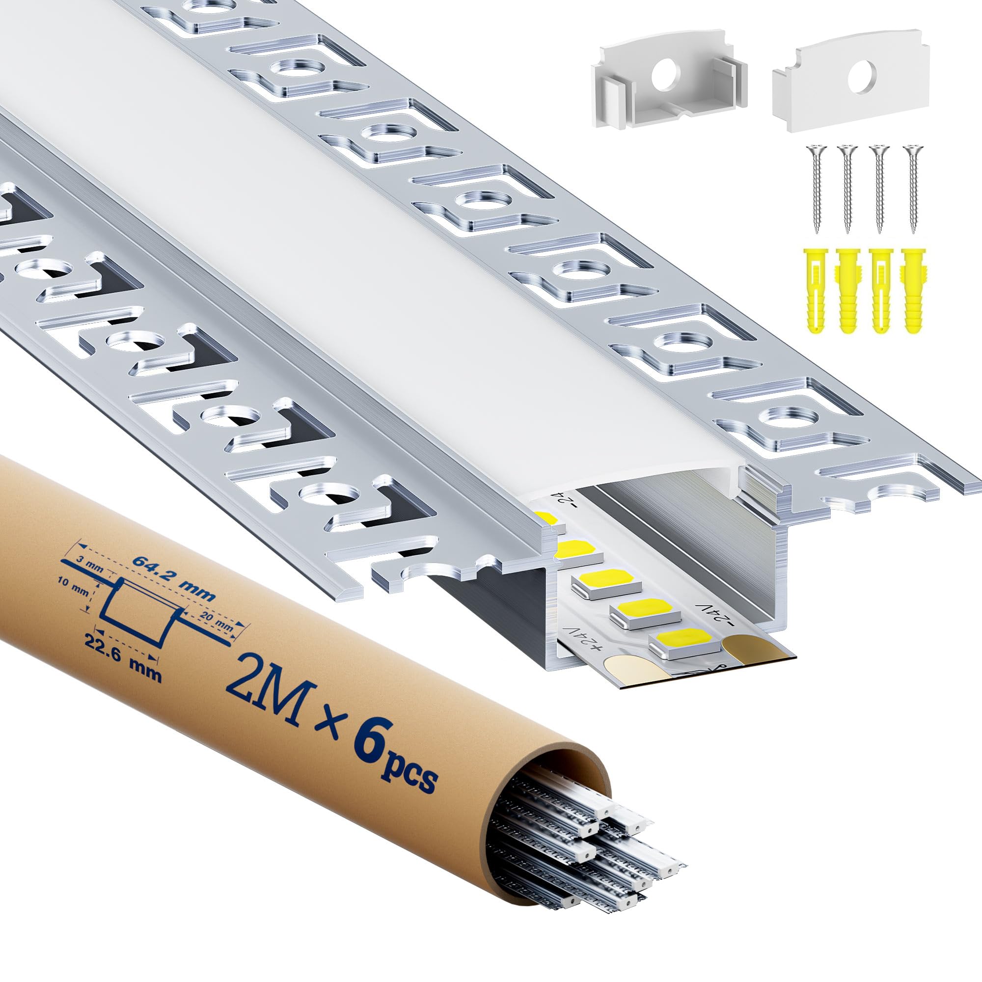LED Aluminium Profil für Trockenbau 2 m (Gesamt 12 m), Led Schiene mit Endkappen für led Streifen bis 20mm, Gipskarton Profil mit Diffusor - 2000 x 64,2 x 13,8 mm