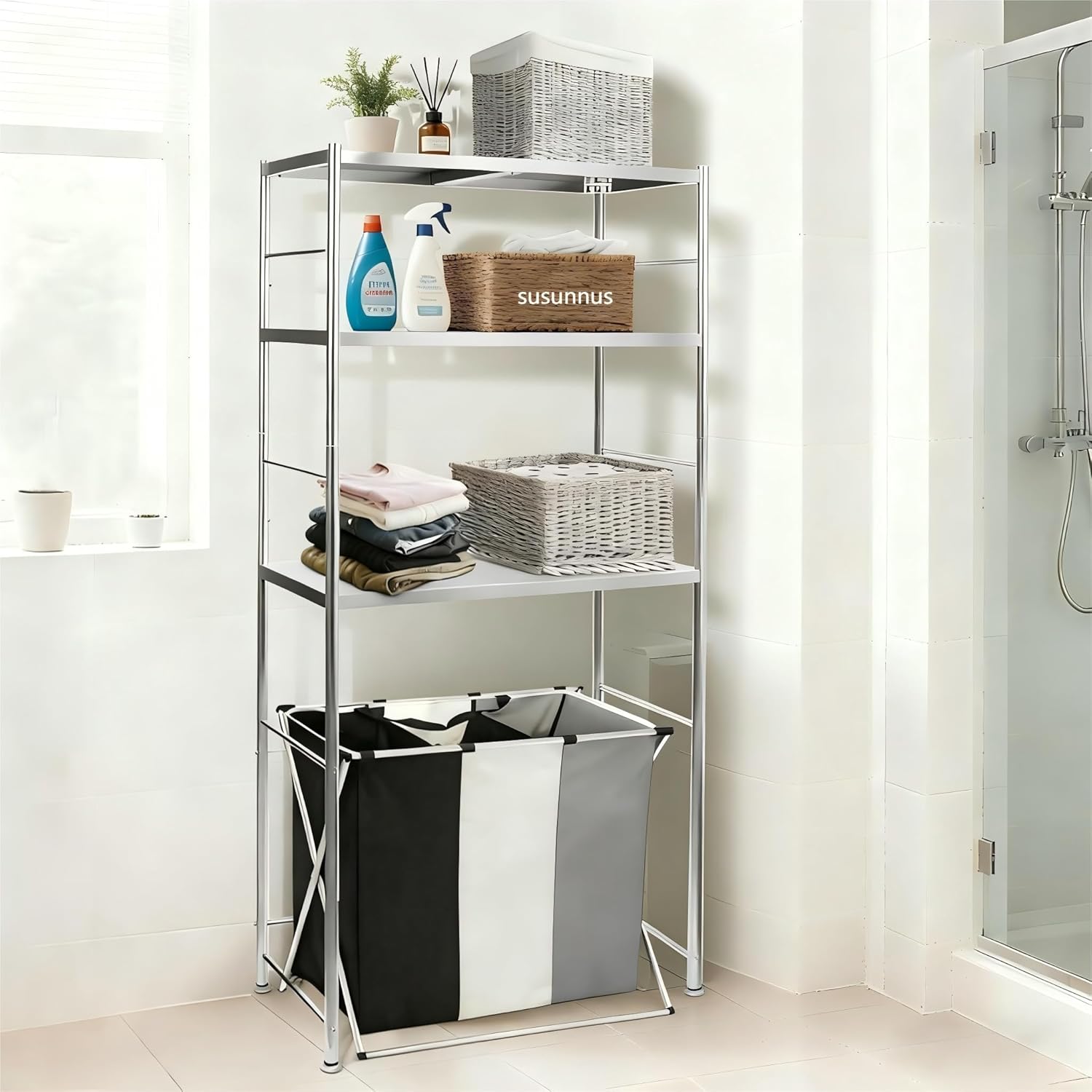 susunnus Stainless Steel Shelf,Kitchen Storage Shelves,Microwave and Mini Fridge Shelf,Laundry Machine Rack,Adjustable Height,Open Lower Tier,Laundry Room, Repository (3tier(31.5 * 15.7 * 66.1in))