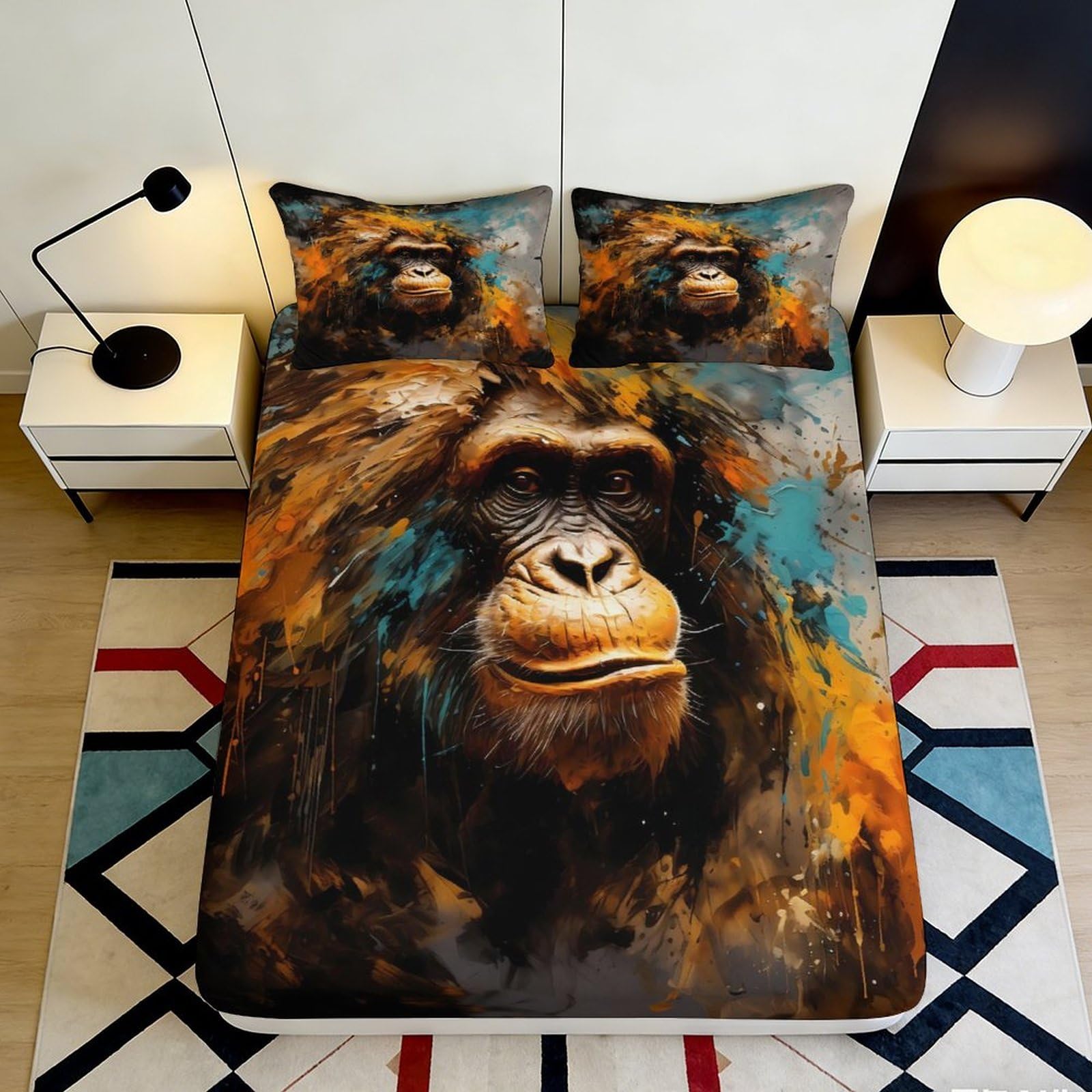 3D Printed Realistic Gorilla Fitted Sheet Microfiber Animal Art Mattress Cover Soft Washable for Bedroom Dorm Decor 90x200x25cm