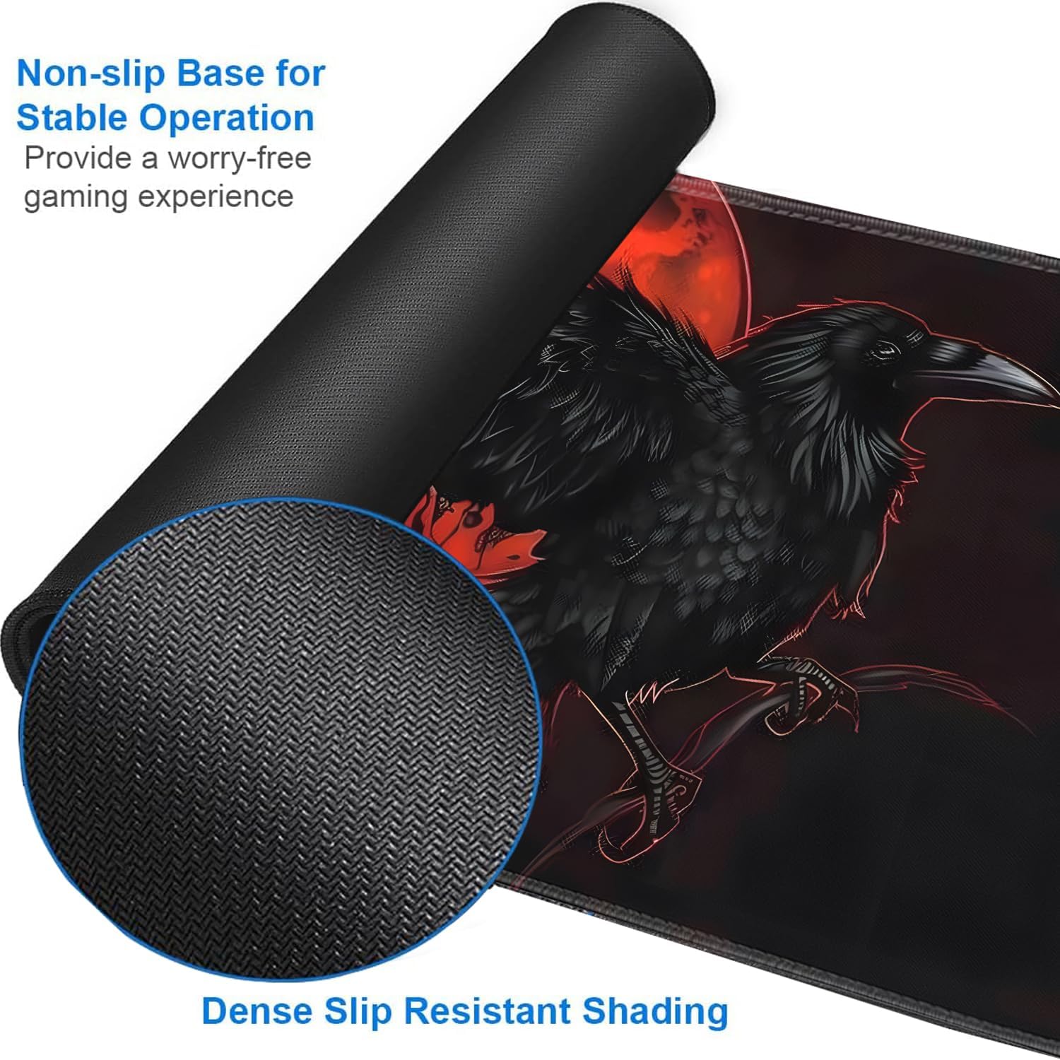 for MTG Playmat + Drawstring Travel Pouch + 6 Dice Counter, for Tabletop Trading Card Game Playmats or Mouse Pad, Anti-Slip Rubber 24 x 14 in, Black Raven, Red Moon for TCG Playmat (No with Zone)