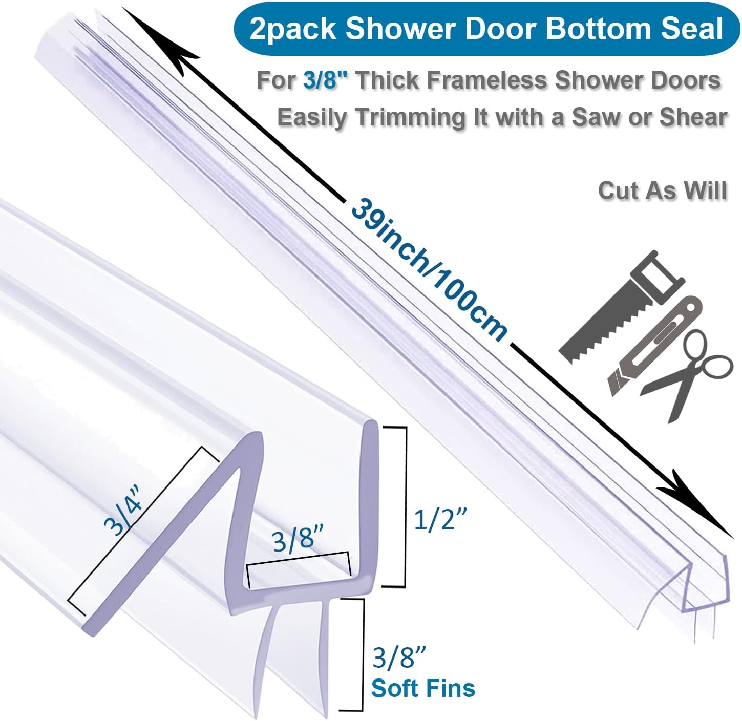 Frameless Shower Door Bottom Seal for 3/8 in, Thick Glass Doors –39 in Stop Shower Leaks and Create a Water Barrier, 2 PCS