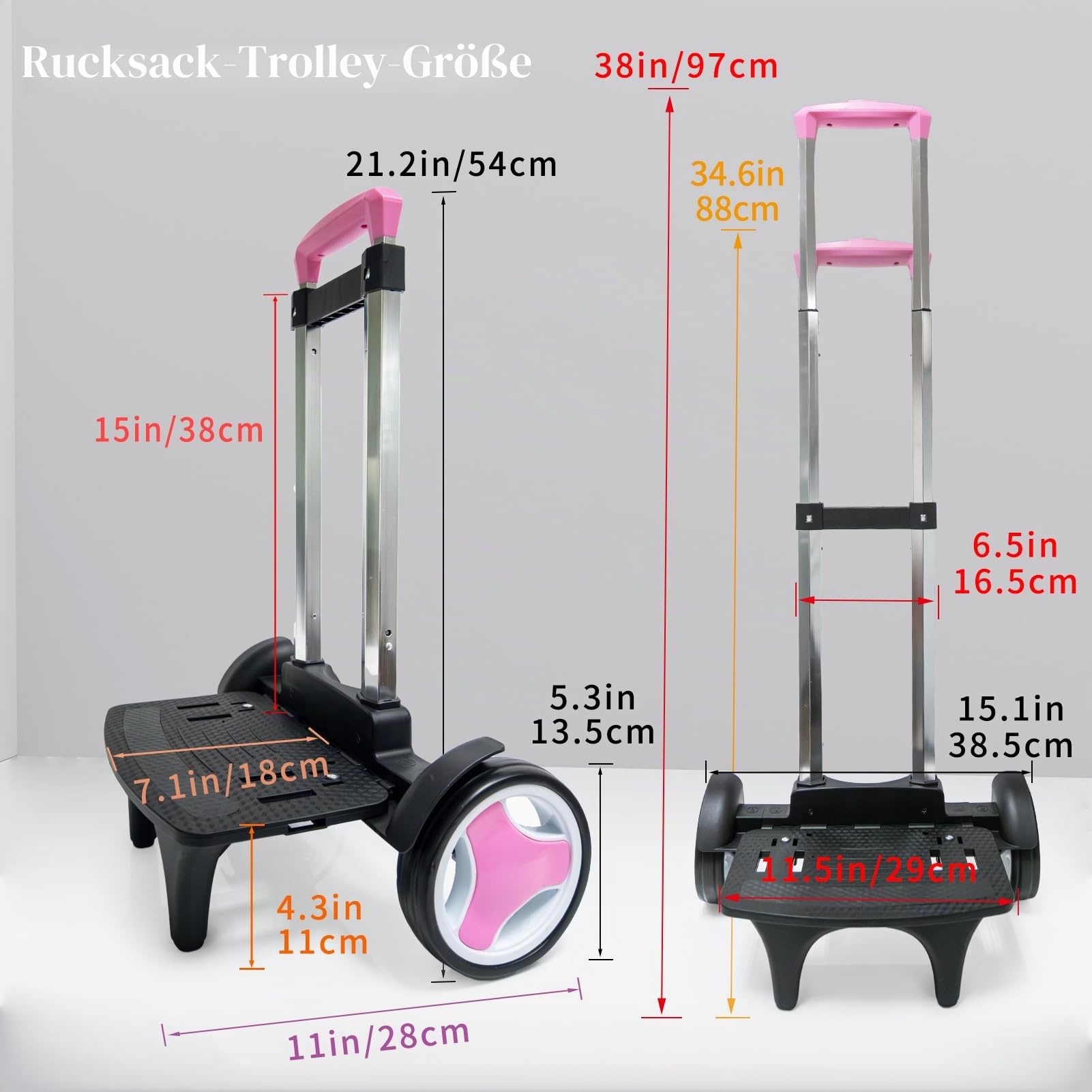 Tretroller mit leisen Rädern zum Treppensteigen, faltbarer Aluminiumrahmen, verstellbarer Griff, große Kapazität von 34,9 kg, geeignet für Reisetaschen, Büchertaschen, Einkaufen, Rosa