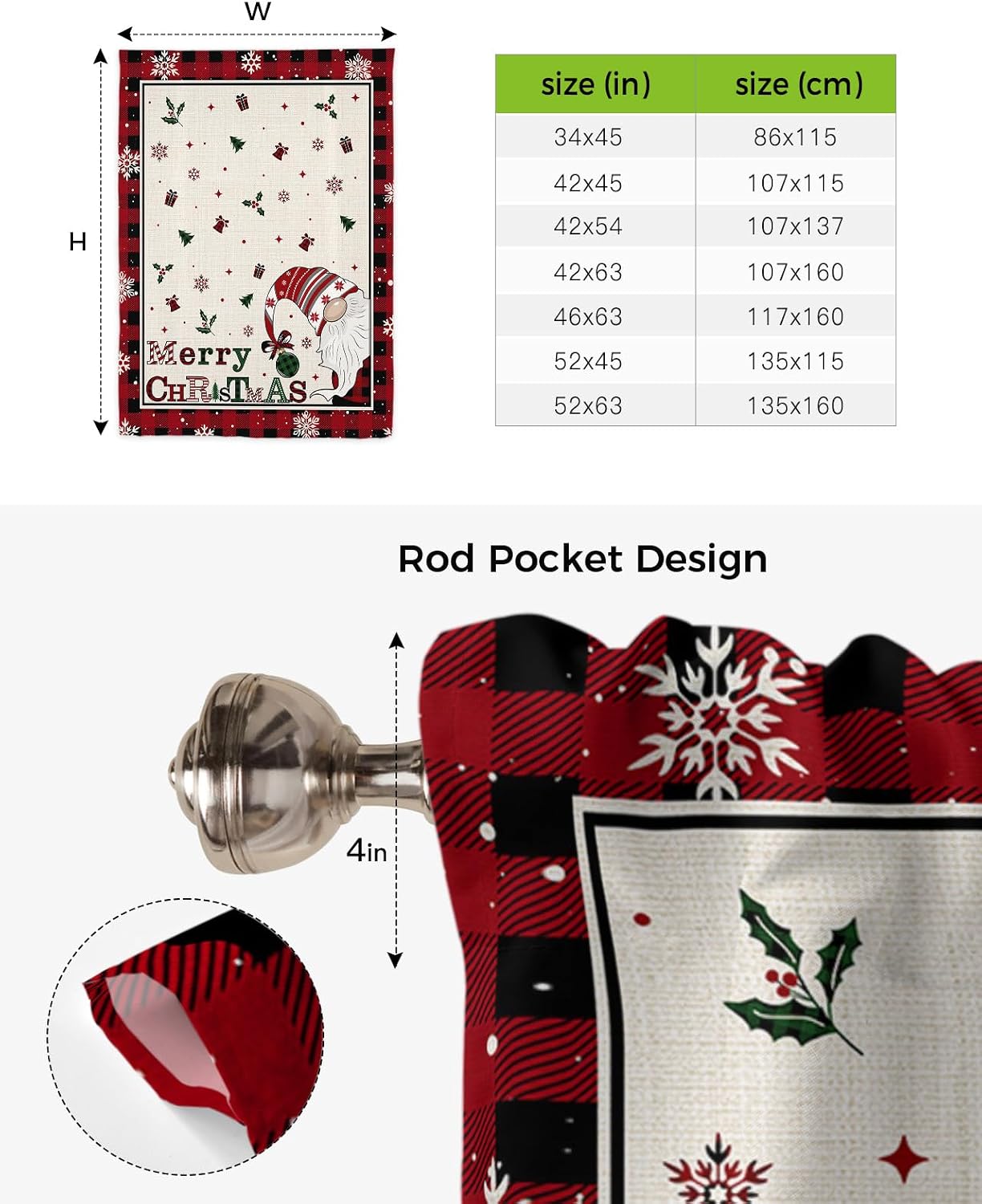 Christmas Gnomes Tie Up Curtains for Kitchen Bathroom Bedroom Windows 54 Inch Length, Balloon Drape Curtains Shade Rod Pocket Drapery Curtain Red Buffalo Plaid Snowflake 1 Panel, 42"x63"