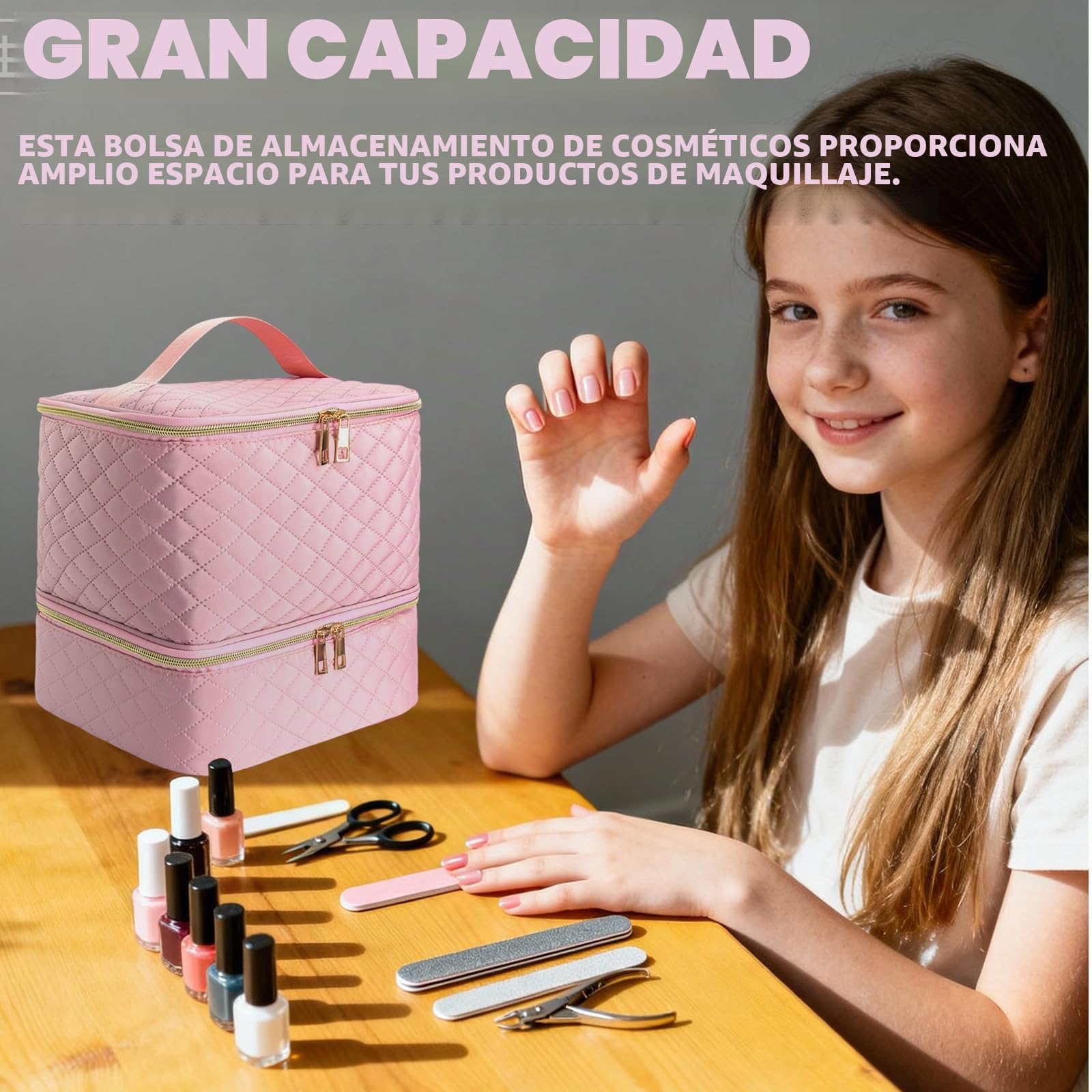 Maletin Manicura Organizador Esmaltes Uñas de Doble Capa, Portátil Maletin Uñas Organizador Pintauñas para 30 Frascos, Lámpara de Uñas y Aceesorios(Rosa)