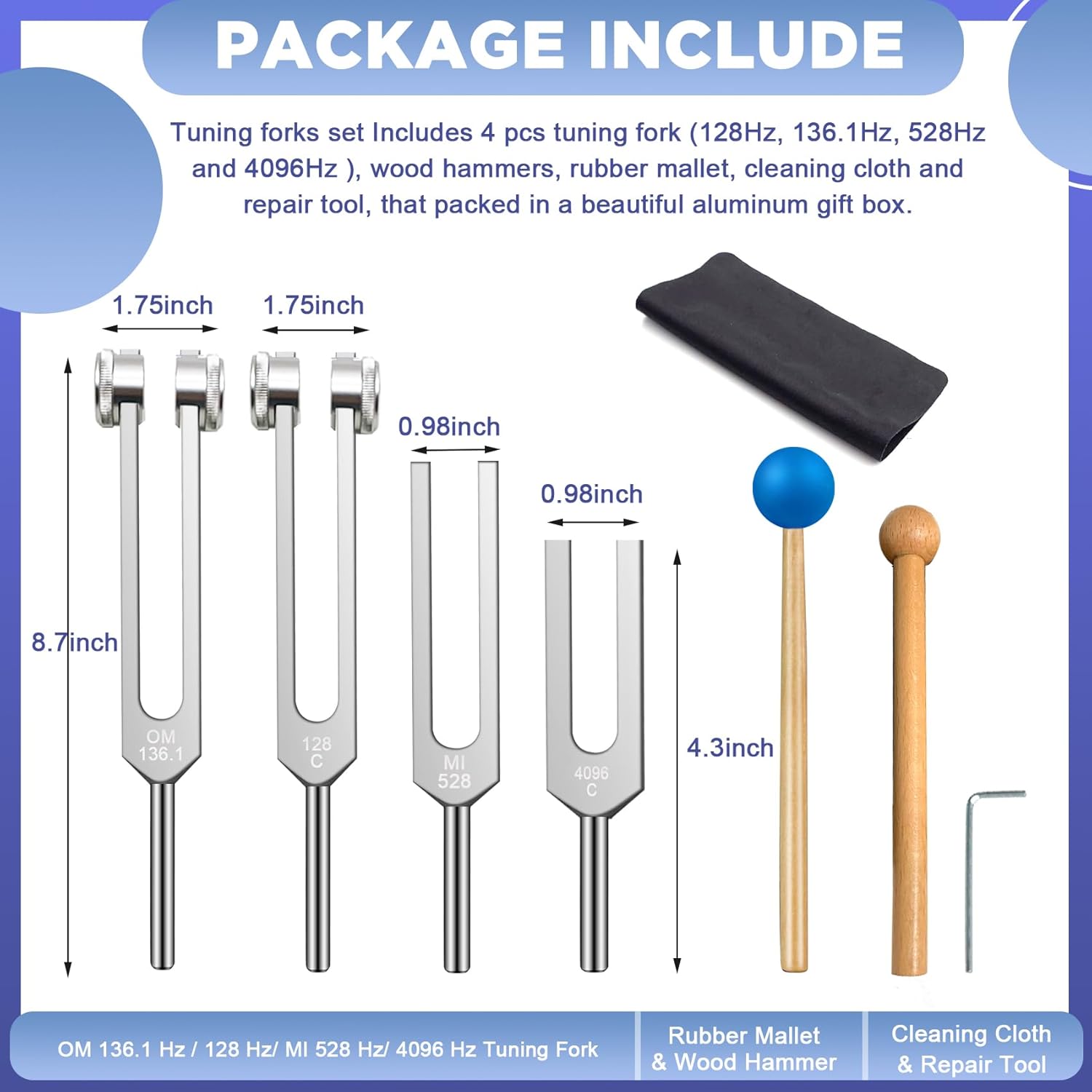 Tuning Fork Set of 4 (128Hz, OM 136.1Hz, MI 528Hz, 4096Hz) - Body Tuning Forks for Healing Chakra Set, Stress Relief & DNA Repair, Exquisite Packaging