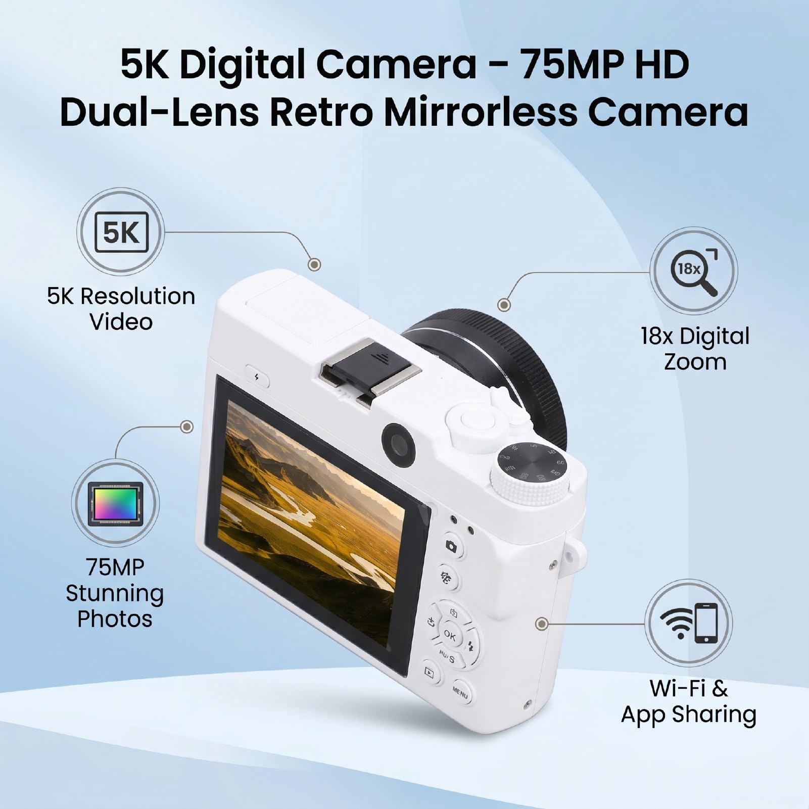 Annadue Fotocamera Digitale 5K per Fotografia, Fotocamera per Vlogging Selfie con Doppio Obiettivo Zoom Digitale 75MP 18x con Schermo da 3 Pollici per Adolescenti Adulti Principia (Black)