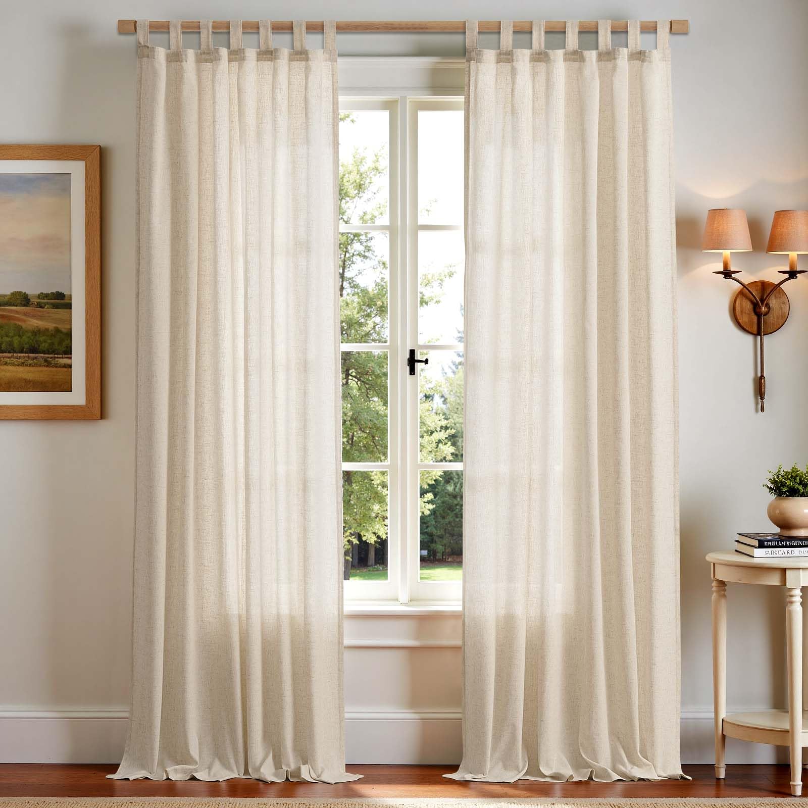 TOPICK Gardinen mit Schlaufen Leinen Vorhänge für Wohnzimmer Schlafzimmer Stores Fenster Lichtdurchlässig Lichtfilterung Vorhang Bauernhaus Landhausstil Gardine küche 2er Set 140Bx245H (cm) Beige