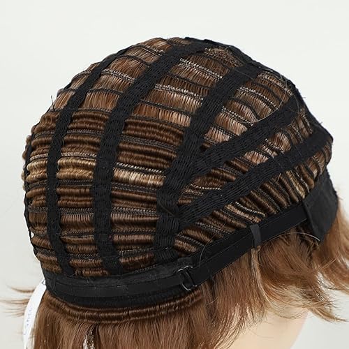 Miniatura 7 de TISHINING Pelucas cortas de corte Pixie marrón para mujeres blancas, mezcla de marrón, rubio, peluca ondulada en capas con flequillo, peluca