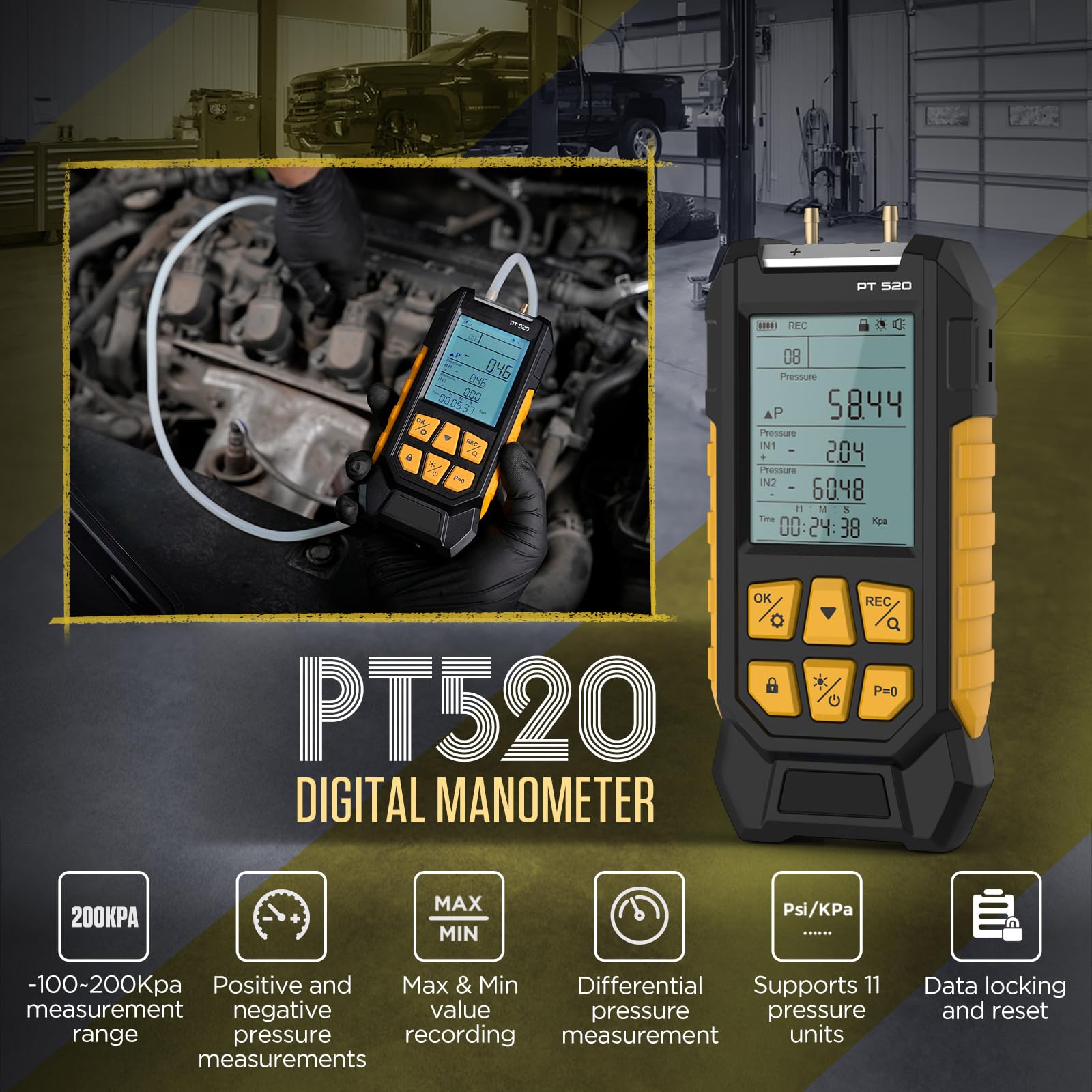 Manómetro digital PT520 Manómetros diferenciales de doble entrada Manómetro HVAC portátil con varios adaptadores, 11 mediciones, 29 capacidad de almacenamiento -100~200Kpa Pantalla LCD