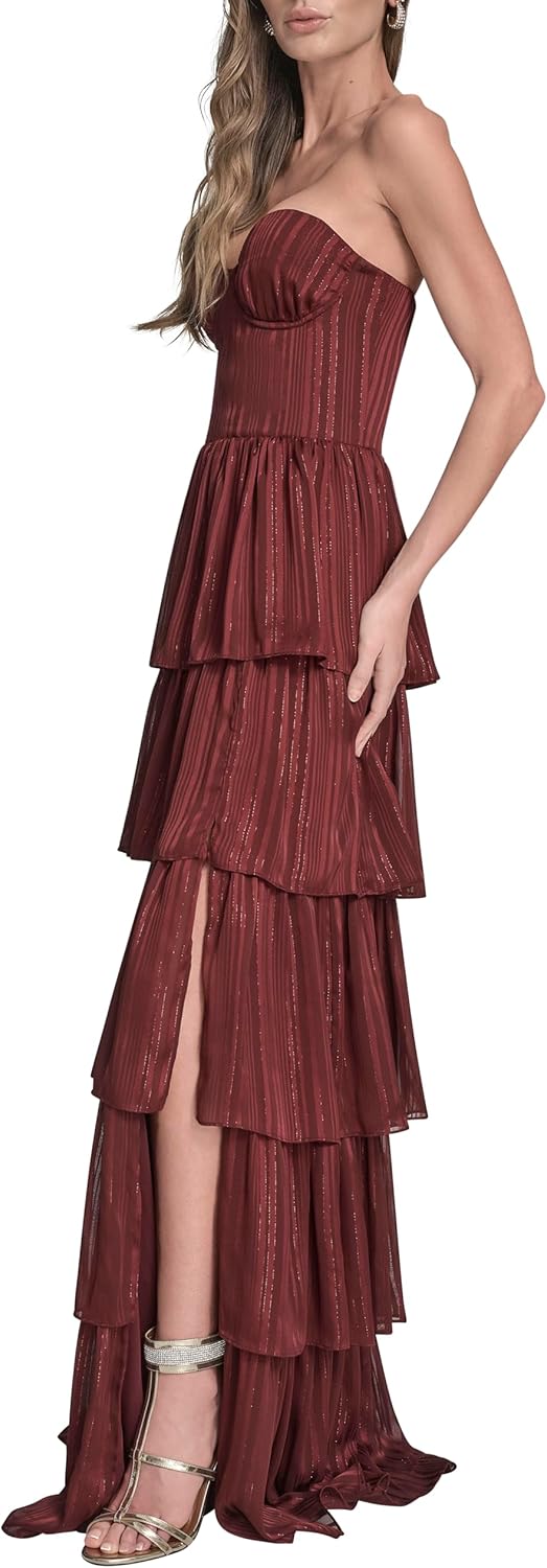 BCBG Womens Strapless Sweatheart Neck Tiered Leg Slit Maxi Dress - Image 3