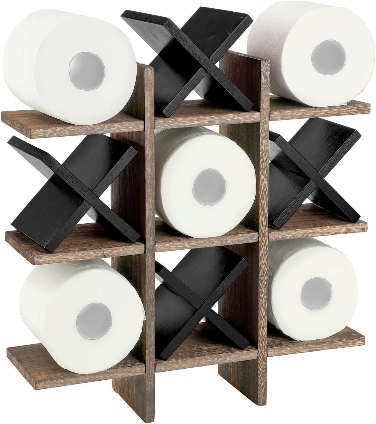 Weysat Tic Tac Toe Toilet Paper Holder Stand Bathroom Wall Decor Rustic Wooden Hanging Storage Freestanding Wall Mounted Shelves Decor for Toilet Tissue Farmhouse