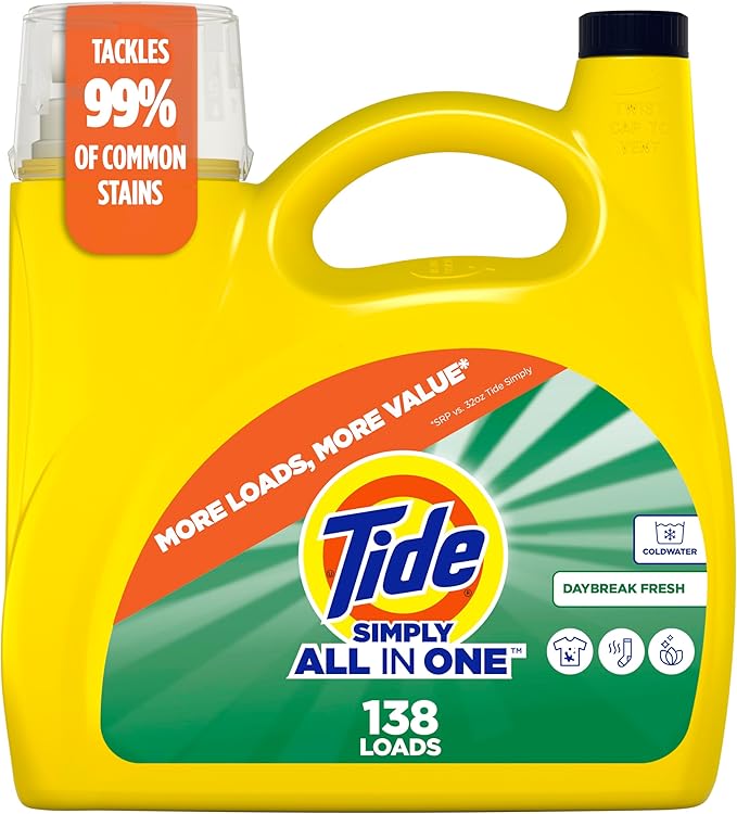 Tide Simply All-In-One Liquid Laundry Detergent, Daybreak Fresh Scent, 138 Loads, 182 fl oz