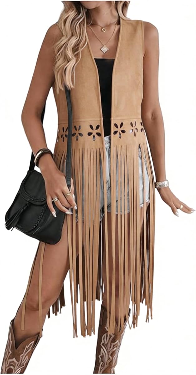 Chaleco con borlas de ante sintético para mujer, sin mangas, con flecos de vaquera occidental, estilo hippie de los años 70, cárdigan con frente abierto