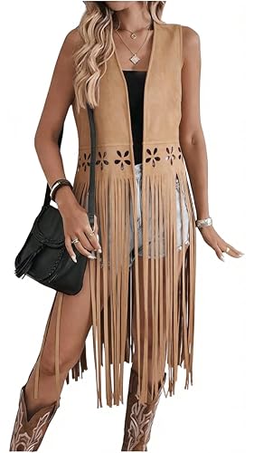 Women's Faux Suede Tassel Vest Sleeveless Western Cowgirl Fringe Jacket