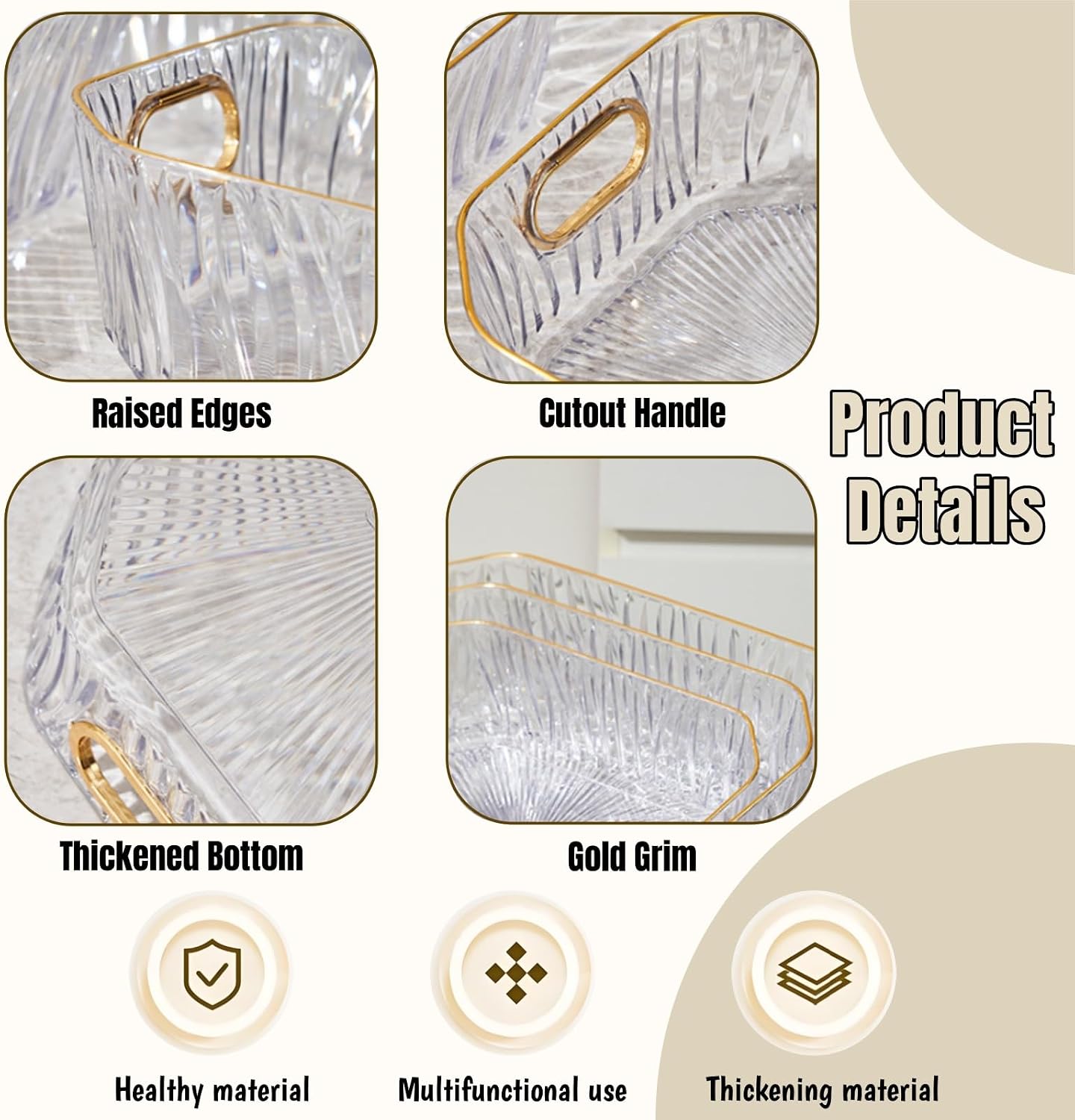 3 Pack Clear Gold Rim Serving Tray with Handle