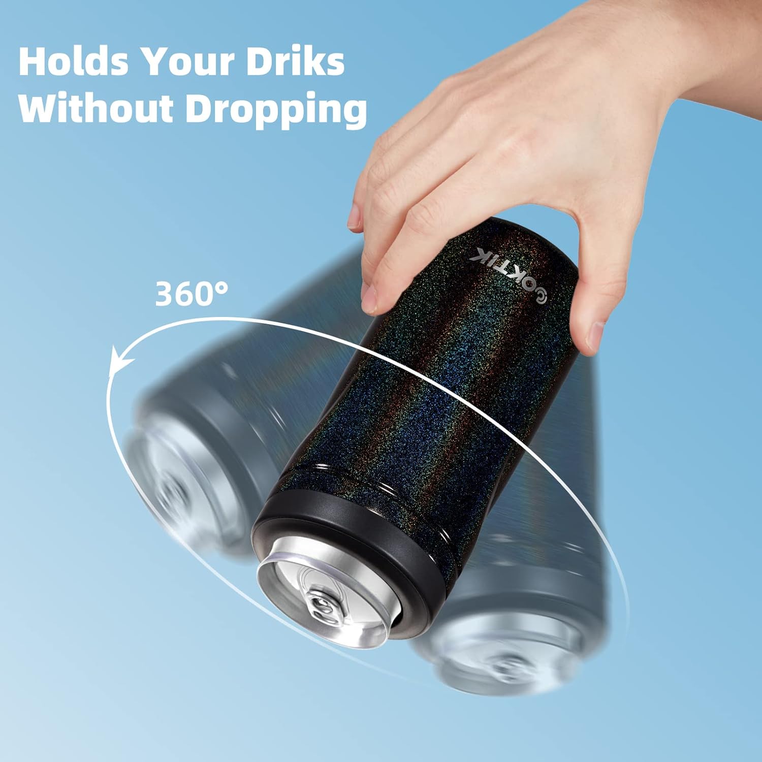 COKTIK 4 in 1 Insulated Can Cooler, Doublae Wall Slim Can Cooler for 12 oz Regular or Slim Cans & Beer Bottle (Black Shimmer) - Image 5