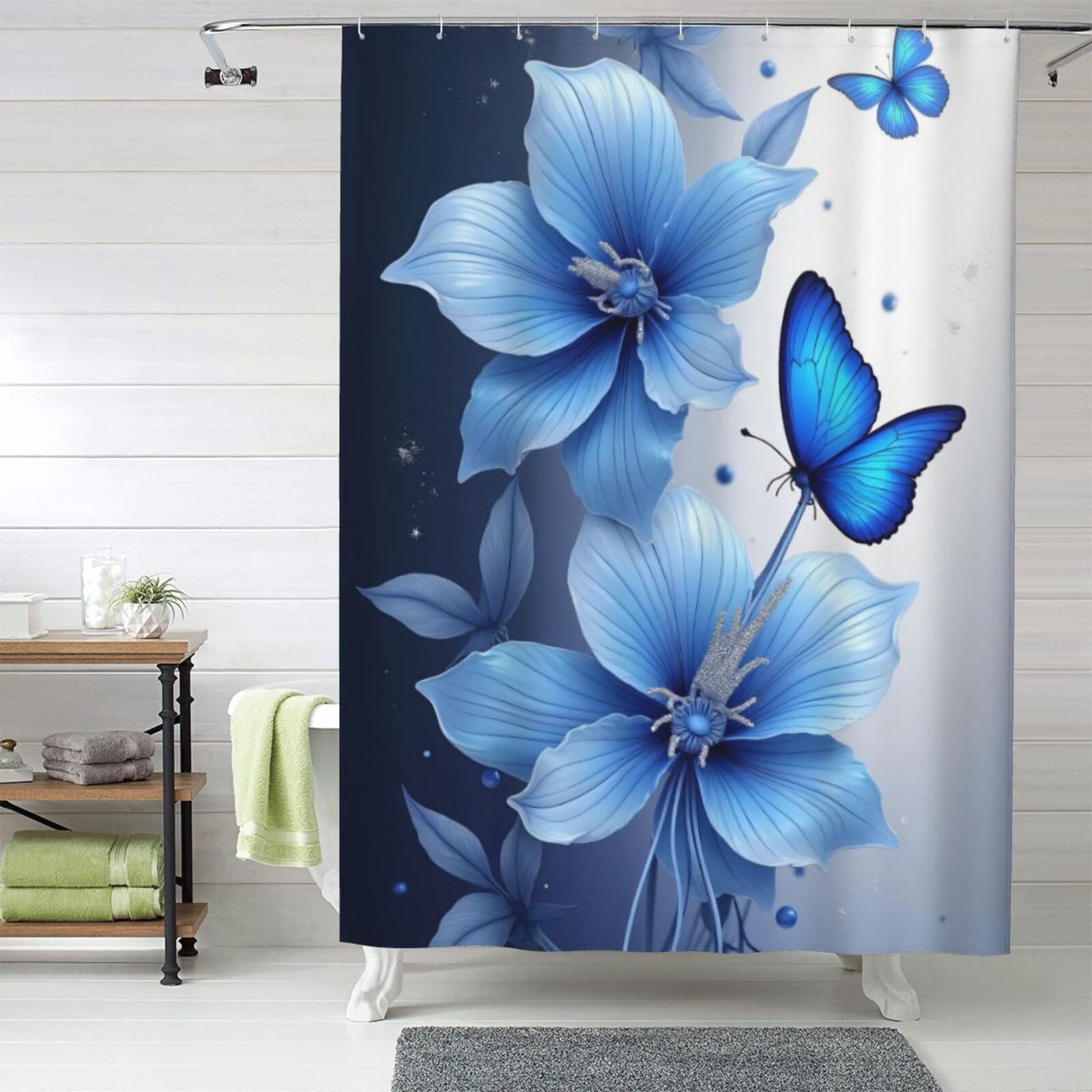 Rideau de douche moderne bouquet de papillons azur tissu lavable salle de bain 152x183 cm