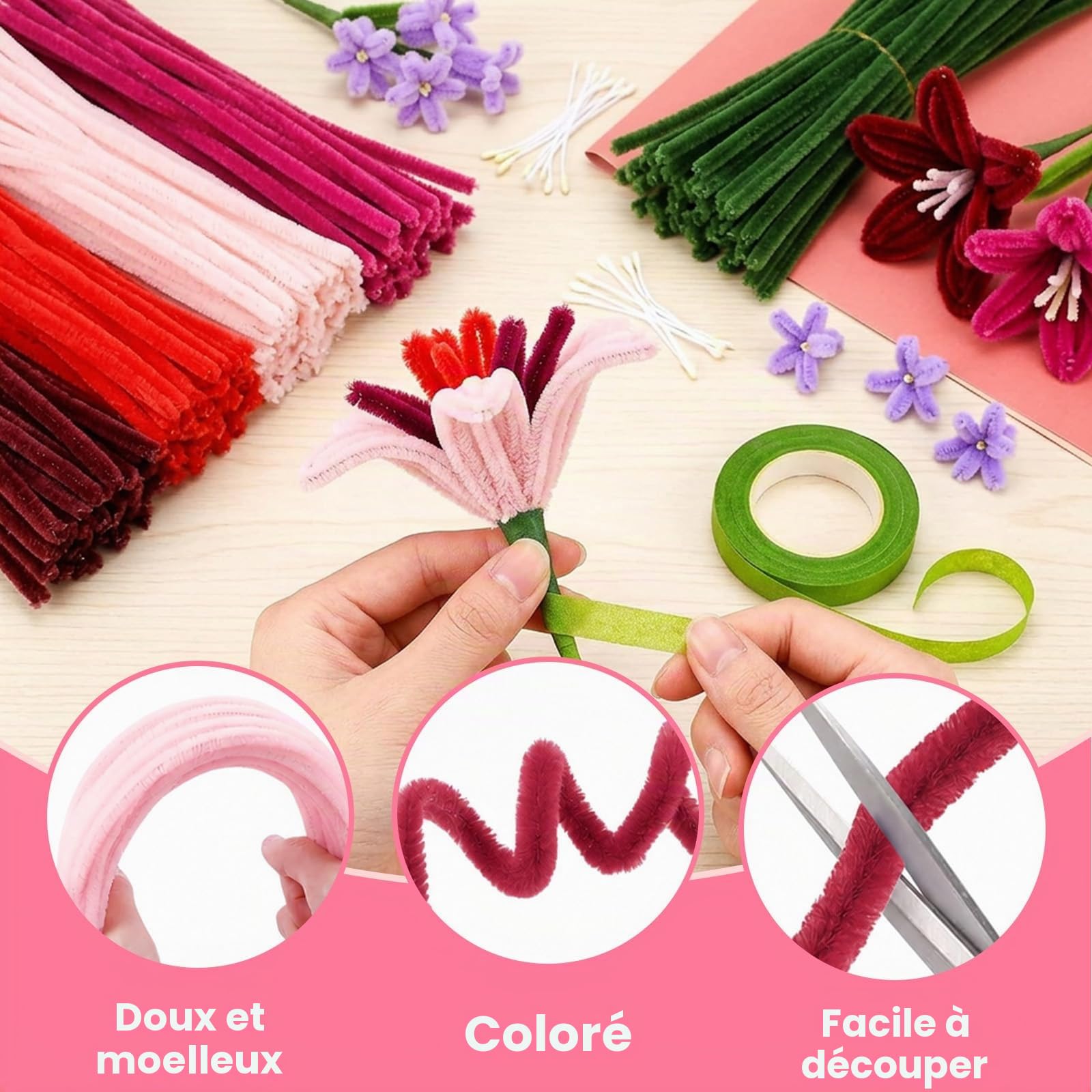 500 Pcs Fil Chenille, Fil Chenille Fleur Kit Complet Fleurs 8 Couleurs, Cure Pipe en Coffret avec Accessoires, Pipe Cleaners Flower kit pour Loisirs Creatifs 30cm Long