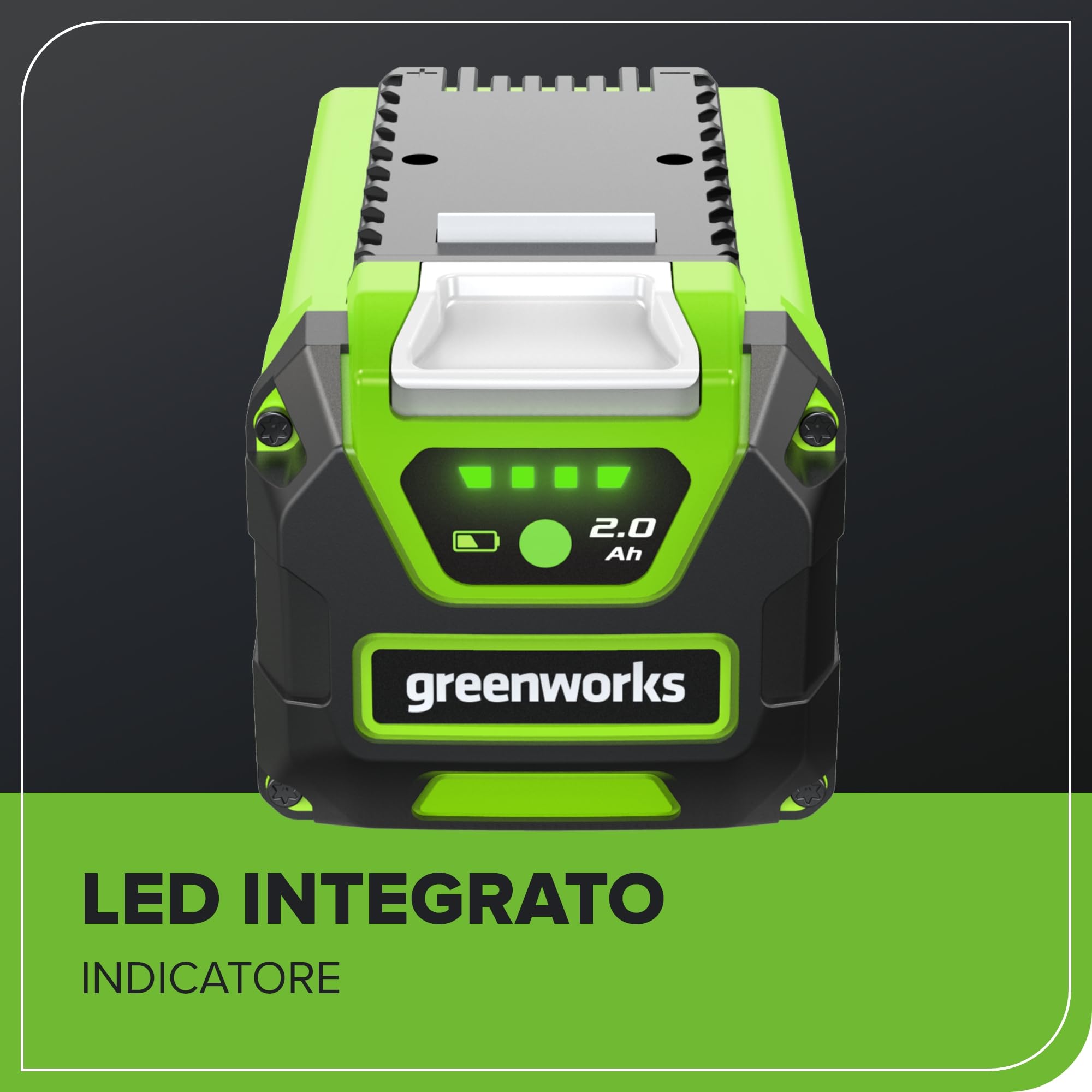Greenworks Batteria 40V 2Ah - Batteria agli Ioni di Litio per Tutti gli Attrezzi da Giardino ed Elettroutensili Greenworks da 40V, Ricarica Rapida, Indicatore LED di Ricarica, Garanzia 2 Anni - G40B2