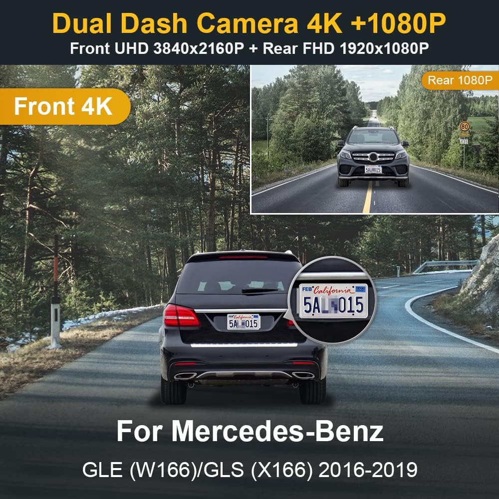 Fitcamx Front 4K+Rear 1080P Dash Cam for 2016-2019 Mercedes-Benz GLE GLS (Model B) W166 X166, OEM Look, Dual HD Video, Built-in WiFi & APP, Loop Recording, Gravity Sensor, Easy to Use, 128GB Card image 3