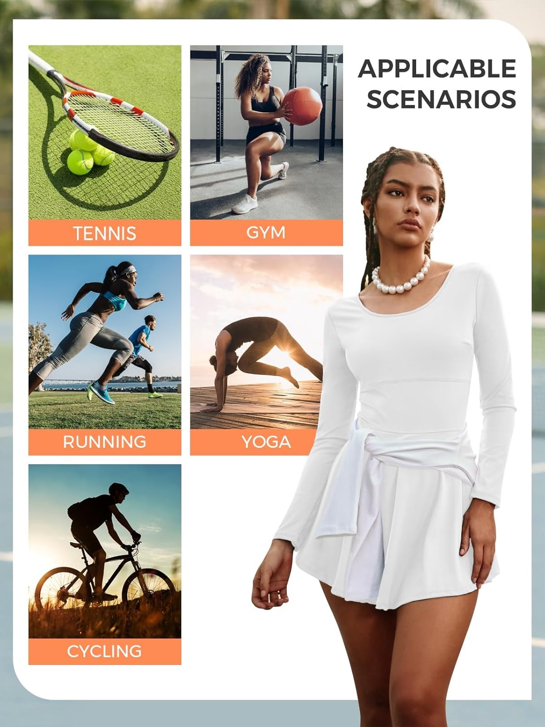 Fisoew Womens 2-in-1 Athletic Tennis Golf Dress Long Sleeve Underneath Workout Active Dresses with Built-in Shorts - Image 6